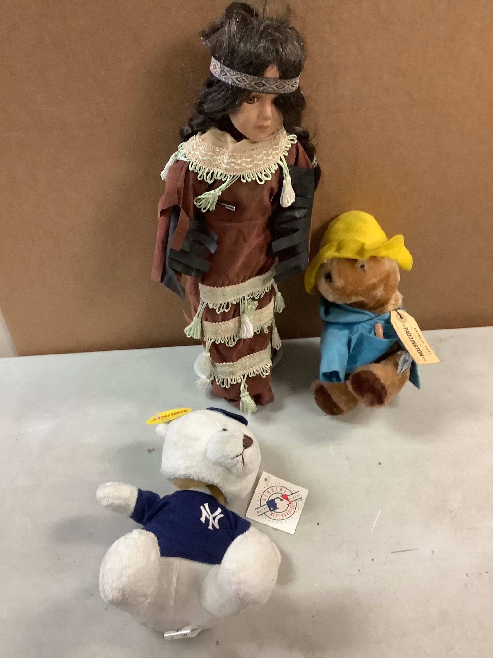 Lot of BOBBLEBEAR bobble head teddy bear, PADDINGTON bear teddy bear and SACAGAWEA standing doll (1 of 1)