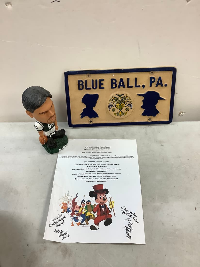 Lot of Plastic License Plate, Football Bobble Head, and Paper Signed By Mickey Mouse (1 of 1)