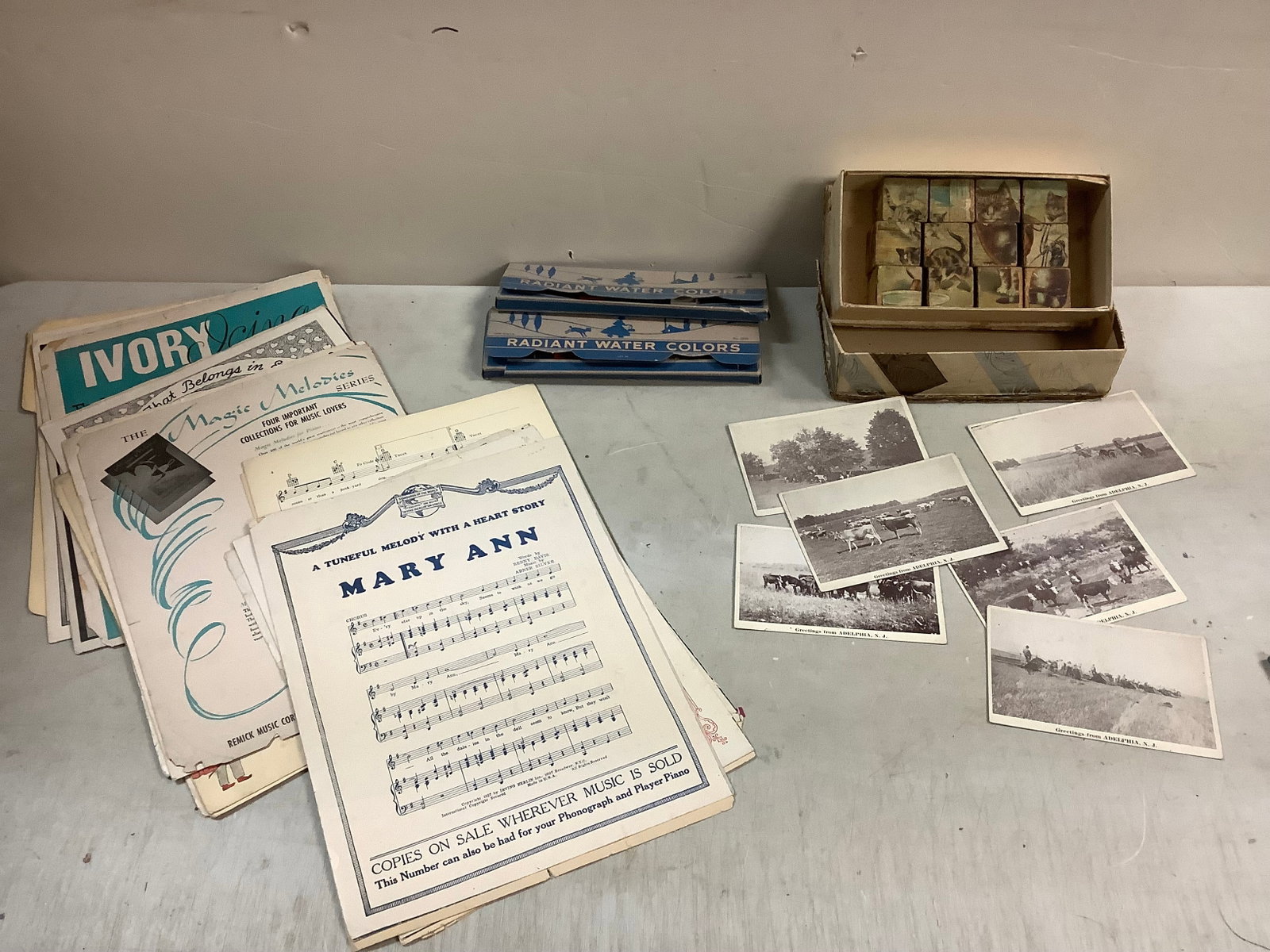 Lot of vintage block puzzle, postcards, sheet music and more: Lot of vintage block puzzle, postcards, sheet music and more