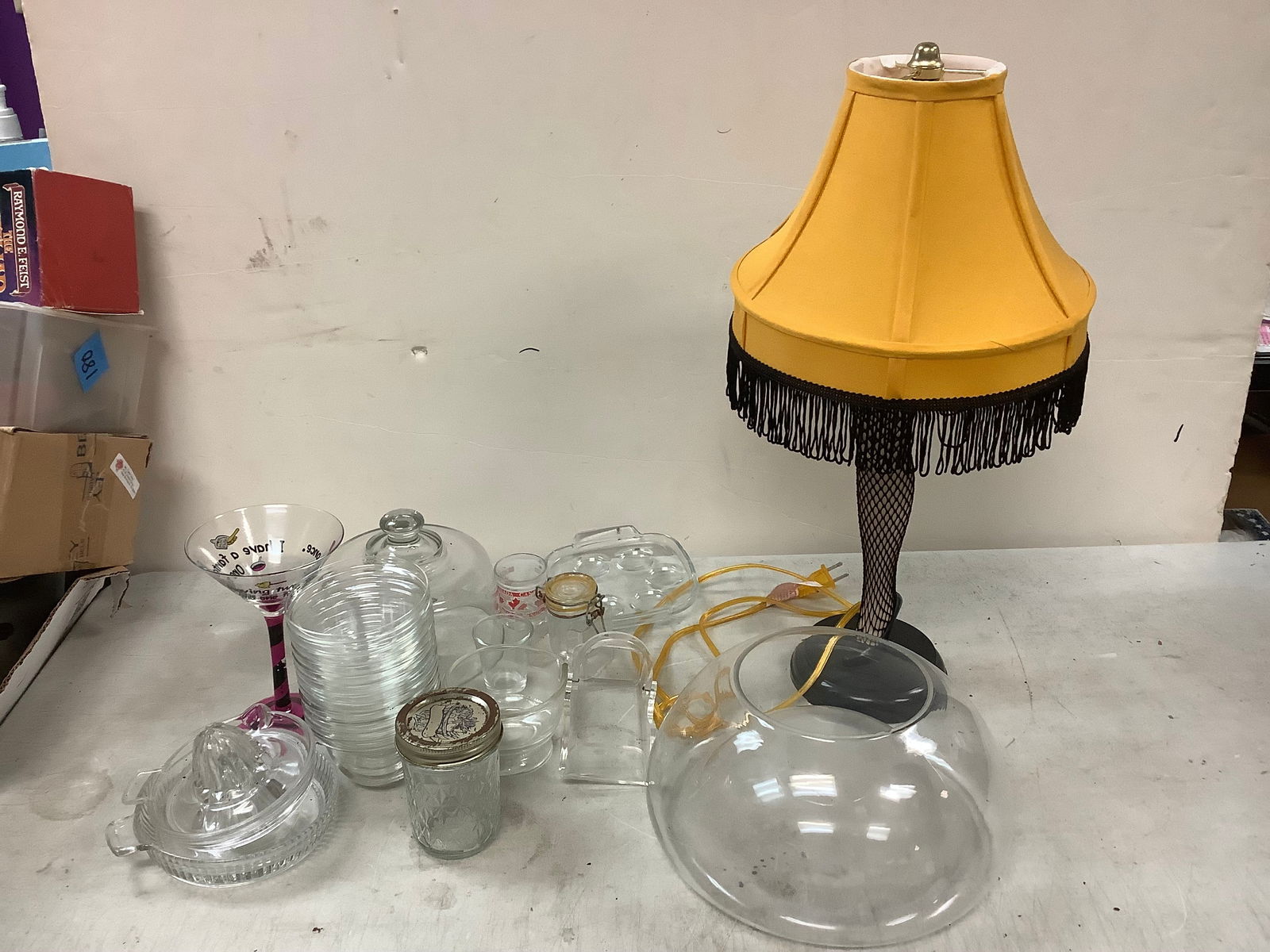 Lot of Christmas Story Leg Lamp, Pyrex Egg Holder, Glass Juicers and More Tallest 19.5": Lot of Christmas Story Leg Lamp, Pyrex Egg Holder, Glass Juicers and More Tallest 19.5"