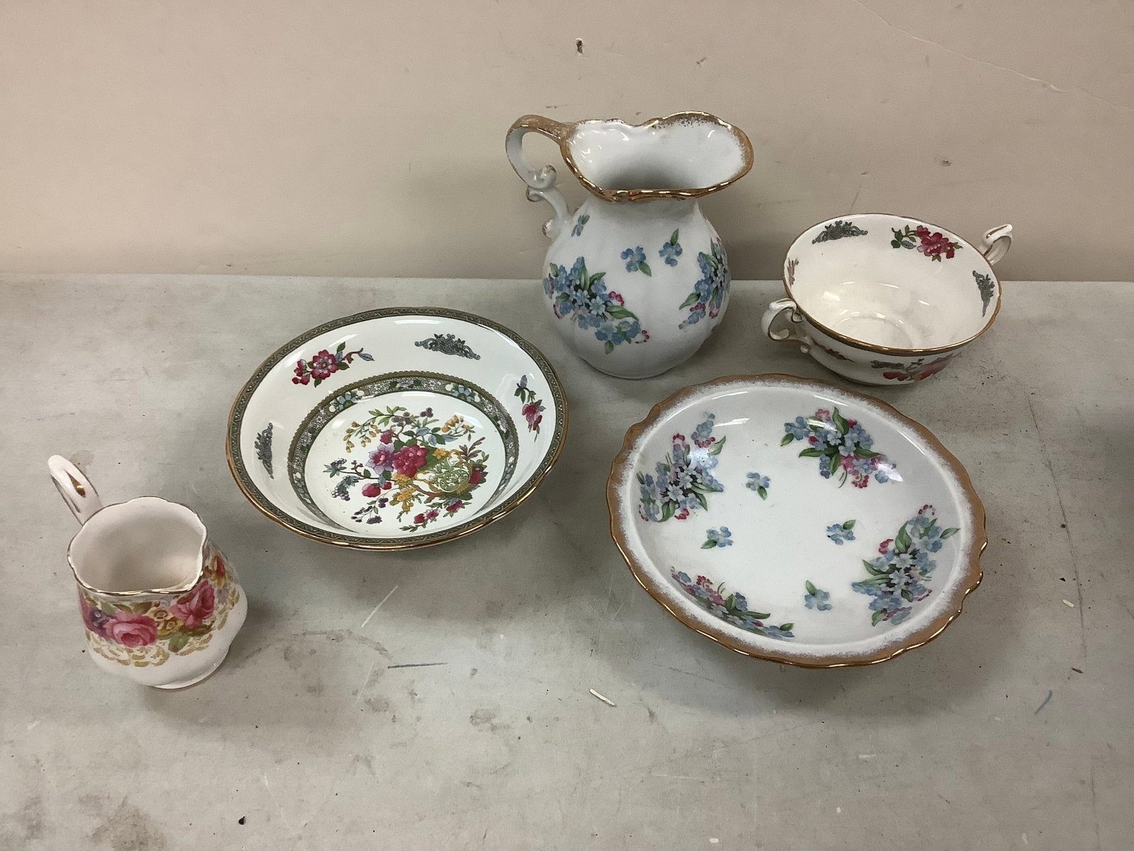 Lot of Paragon, Royal Albert and Royal Crown Bowls, Cup and Pitchers Tallest 5.5": Lot of Paragon, Royal Albert and Royal Crown Bowls, Cup and Pitchers Tallest 5.5"