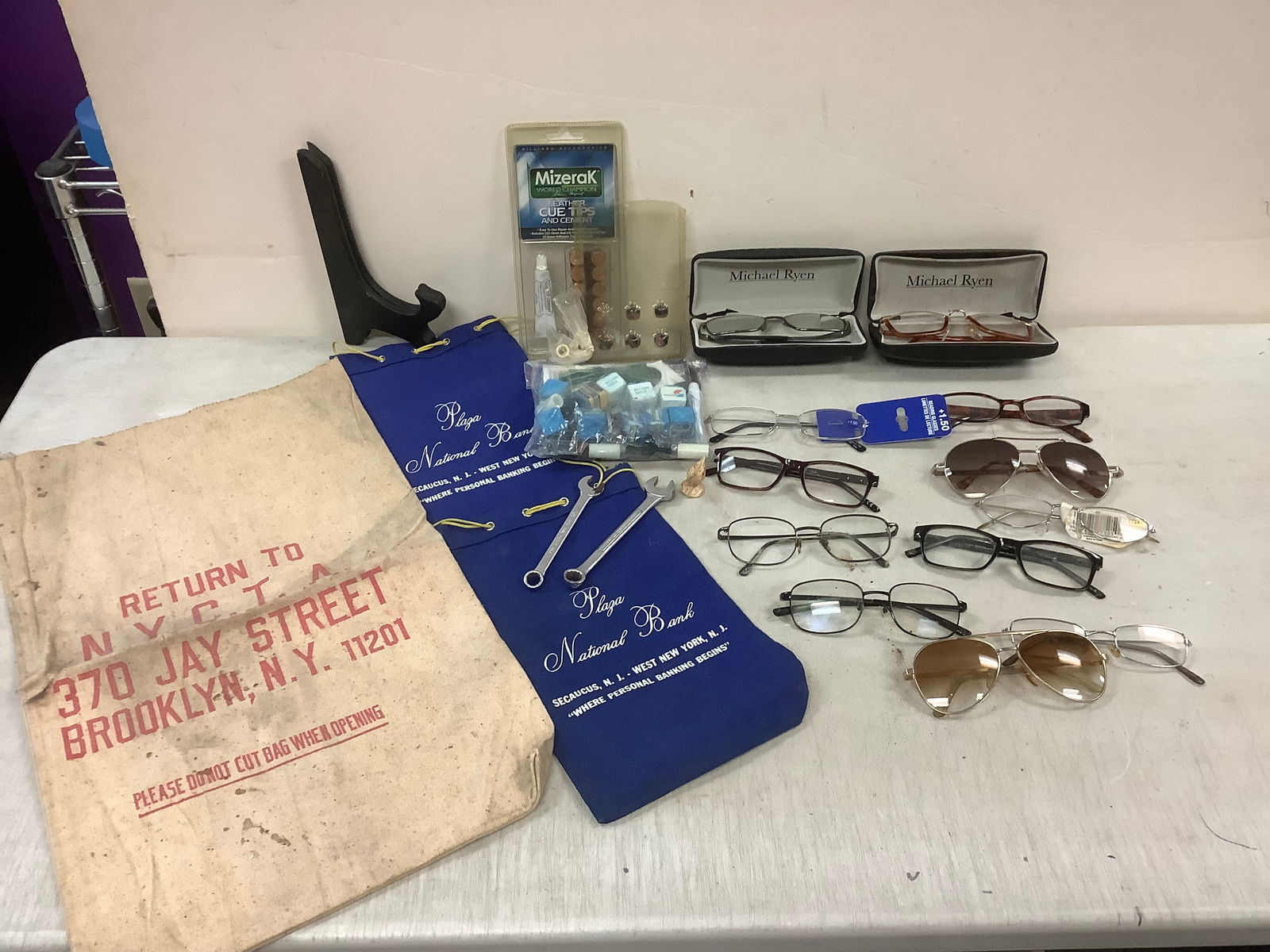 Lot of Plaza National Bank Bags, Eye Glasses, Leather Cue Tips and More: Lot of Plaza National Bank Bags, Eye Glasses, Leather Cue Tips and More