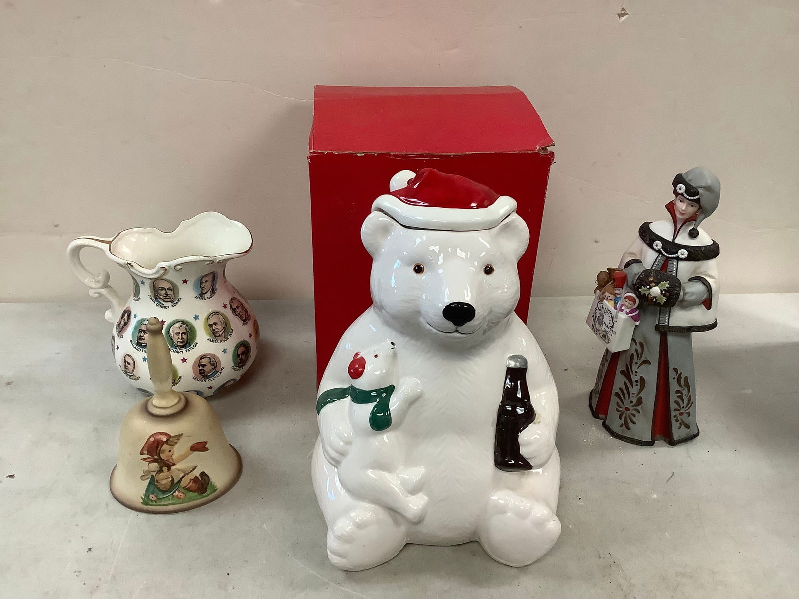 Lot of Ceramic Coca Cola Cookie Jar, Hummel Bell, and Pitcher Tallest is 10'' Tall (1 of 1)
