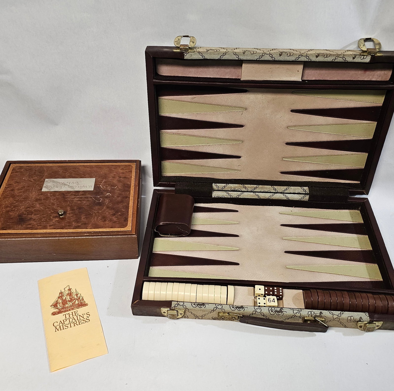 Vintage the Captain's Mistress and Backgammon Games: Captain game plaque engraved Captain Wayne E Theurich
