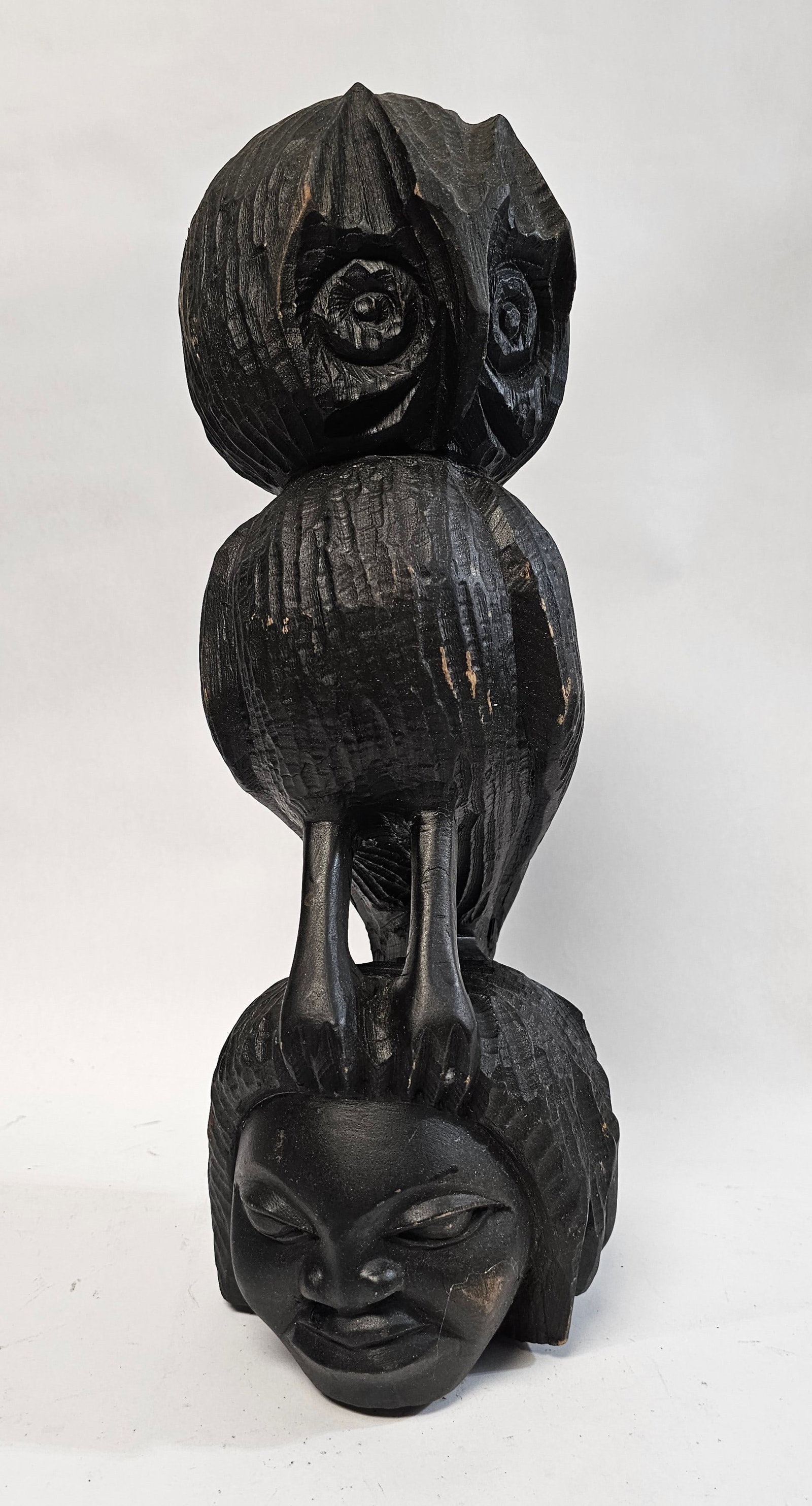 Vintage African Wooden Carved Totem Owl and Figural: 18x7"