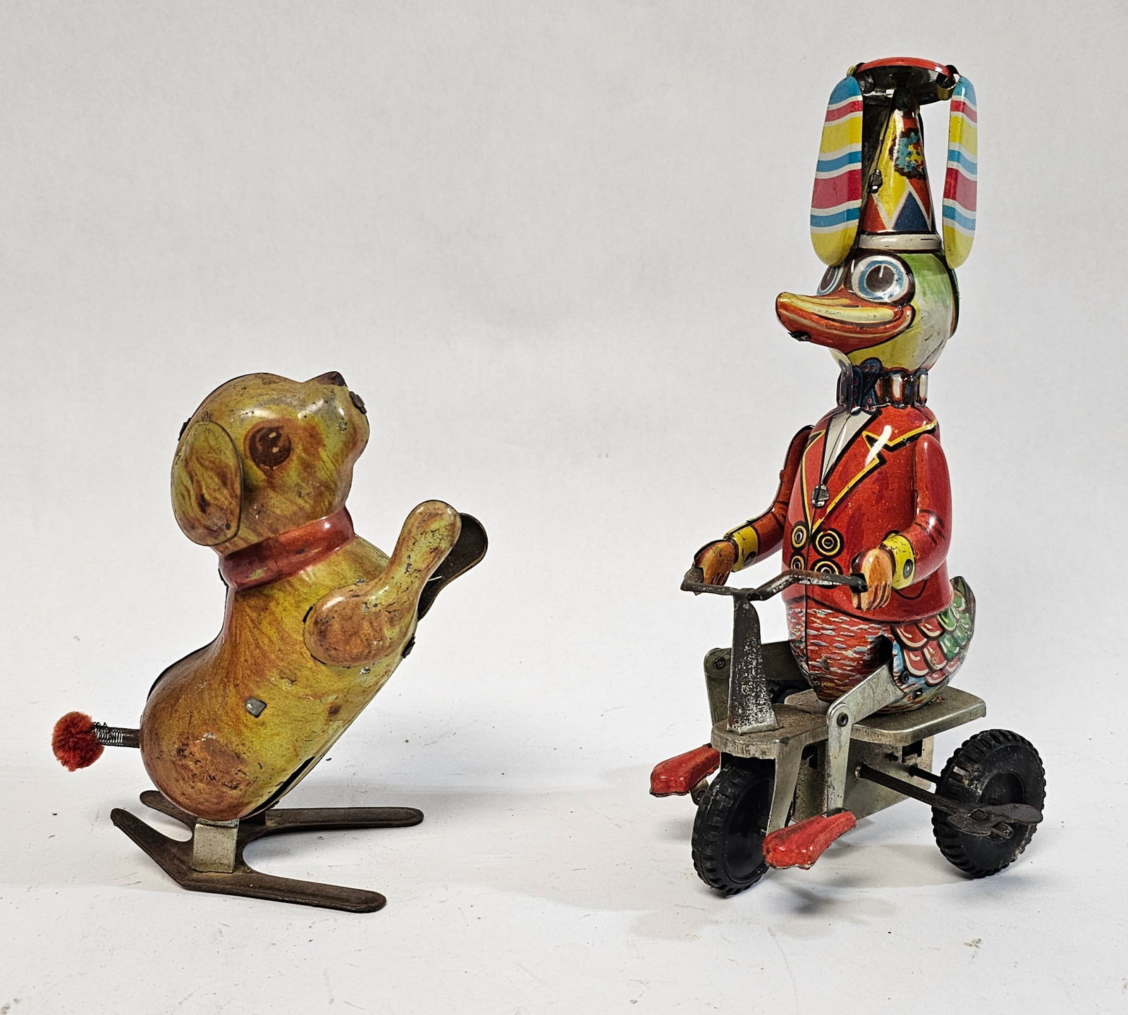 Vintage Tin Toy Duck and Dog: working- duck 8" tall