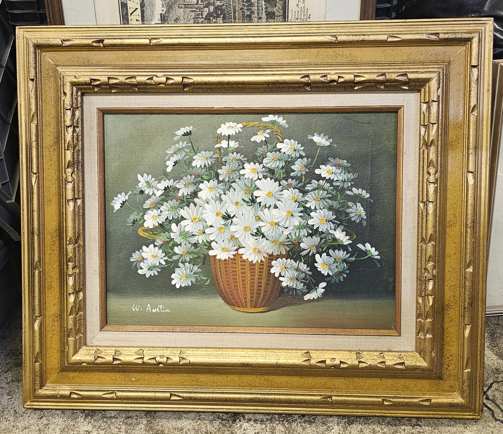 Vintage Original Oil on Canvas Daisies W. Austin: 21x25"