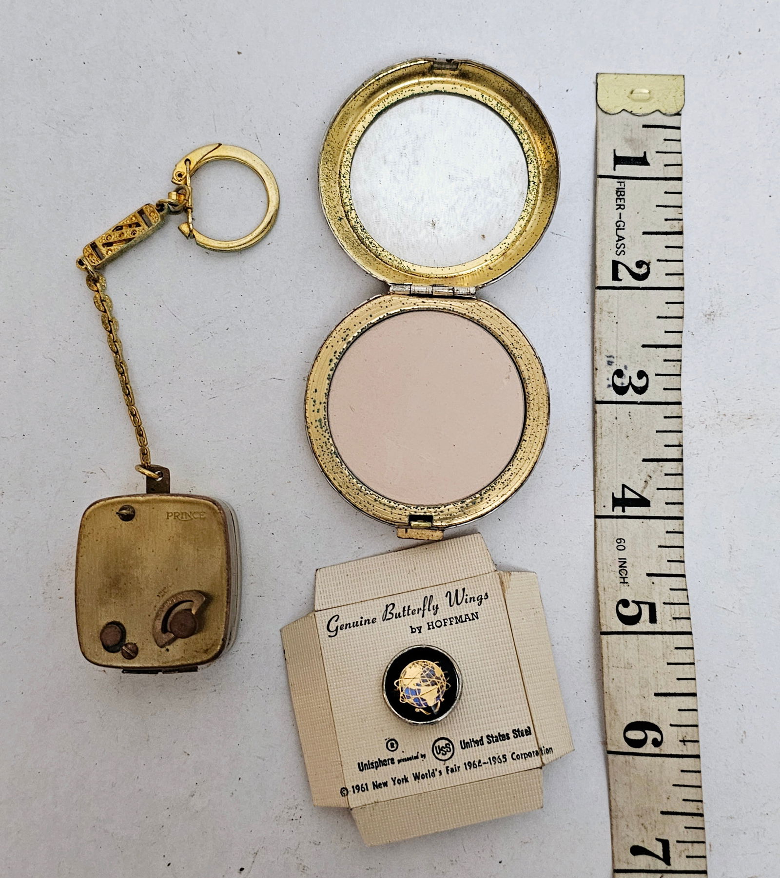 Vintage Compact Keychain and Butterly Wing Pin: Vintage Compact Keychain and Butterly Wing Pin