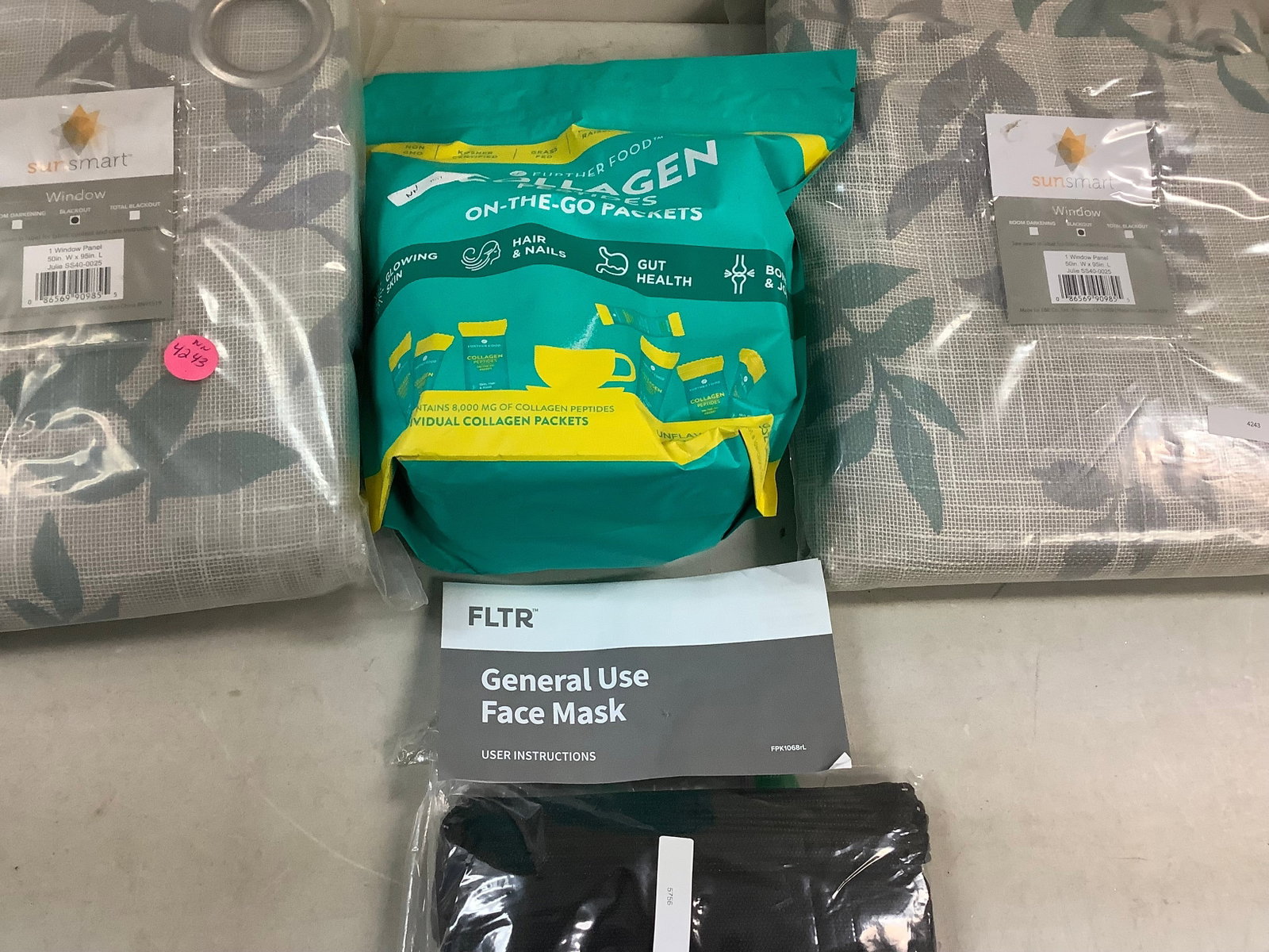 Blackout window curtains (50 in x 95 in), disposable masks, collagen peptids on the go packs: Blackout window curtains (50 in x 95 in), disposable masks, collagen peptids on the go packs