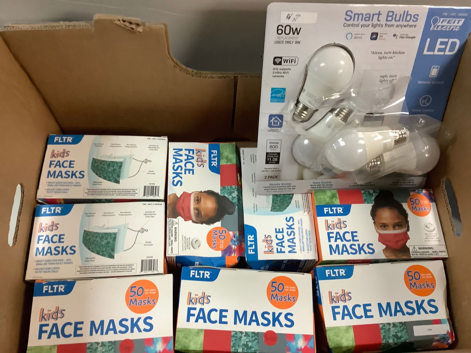Lot of fltr kids face masks, feit electric smart LED bulbs (60w) (1 of 1)