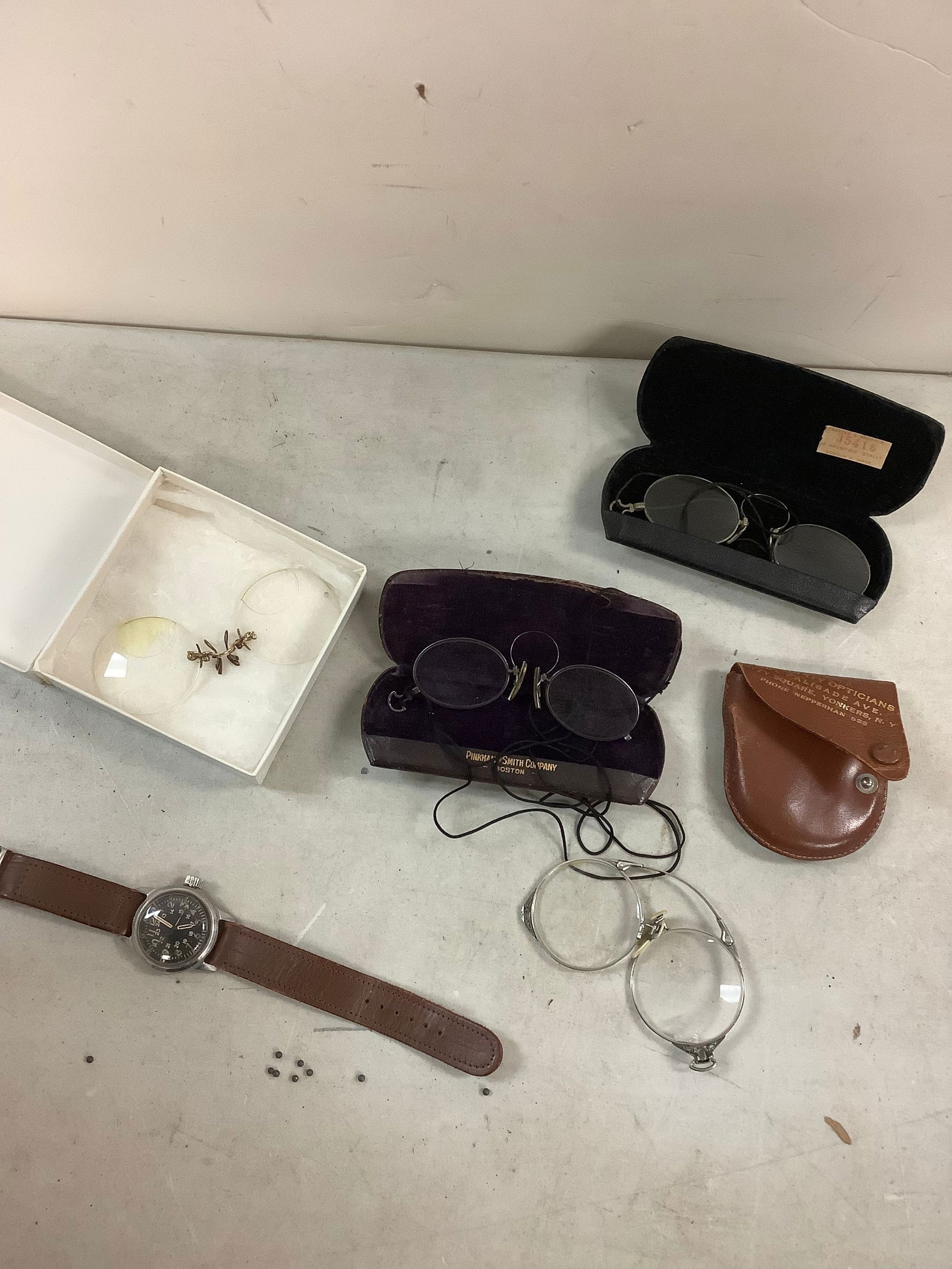 Lot of vintage glasses, cases, and watch: Lot of vintage glasses, cases, and watch