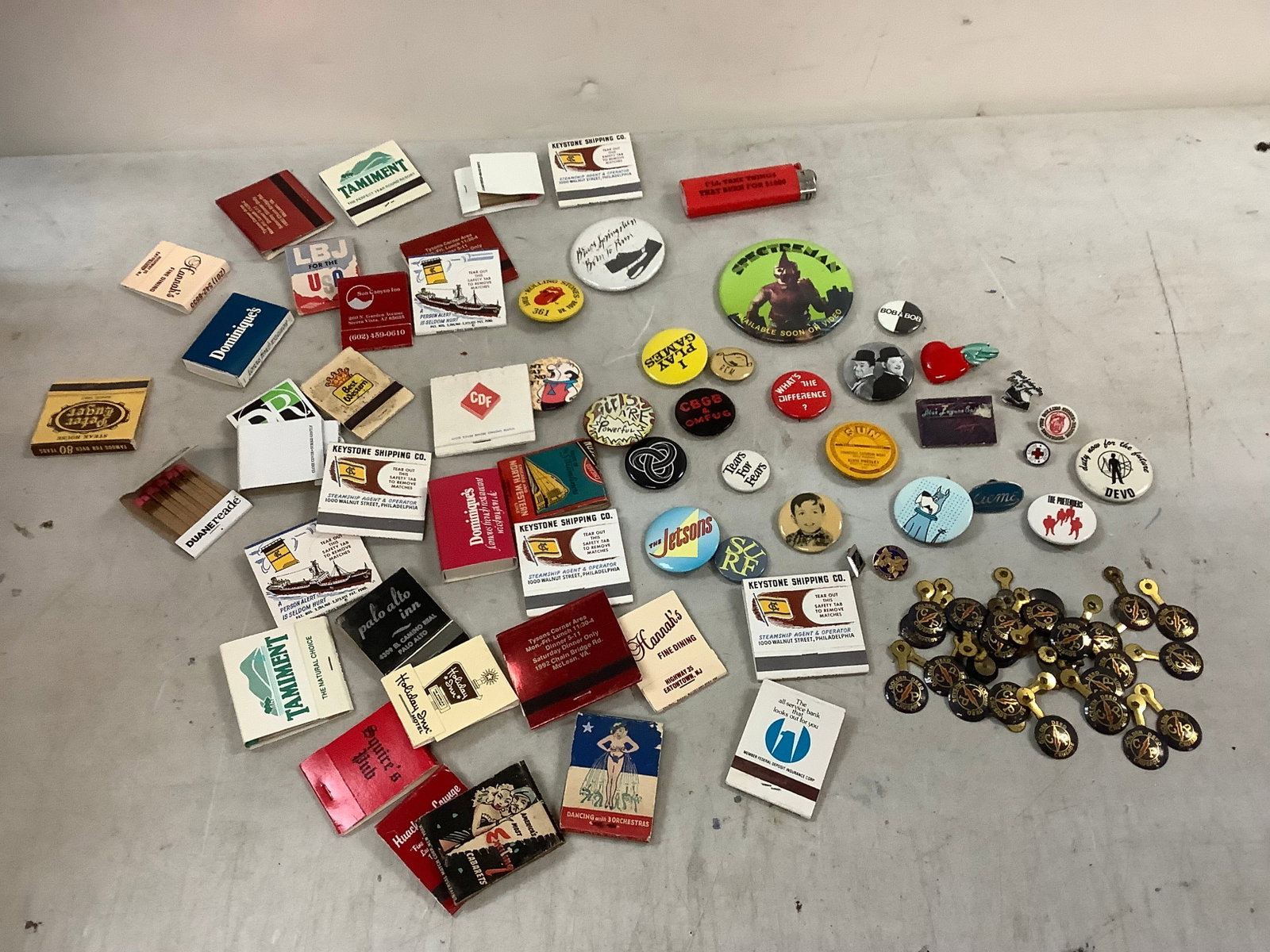 Lot of matchbooks, lighter, band and more pins: Lot of matchbooks, lighter, band and more pins