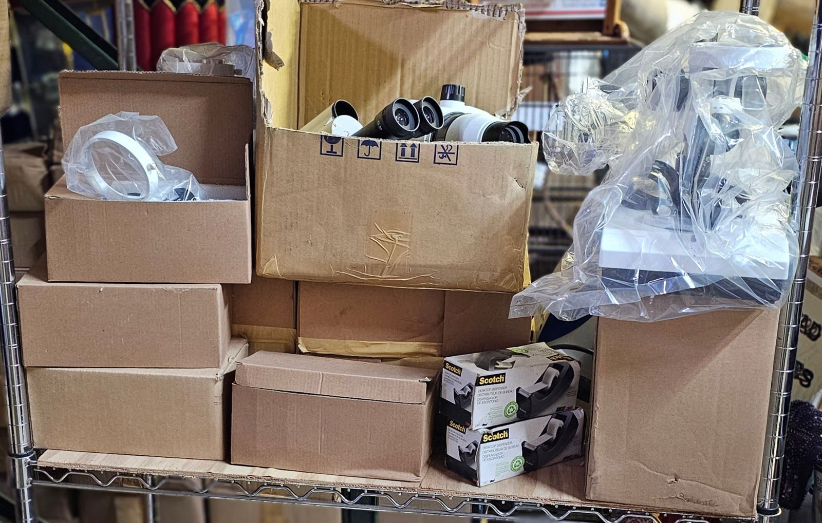 Shelf Lot of Microscope Items and tape dispensers (1 of 3)