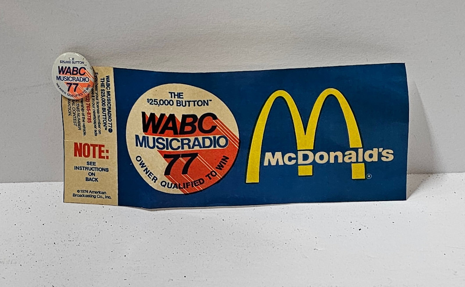 1976 Promotional McDonald's Sticker and $25,000 Button WABC Radio: 7.75x3"