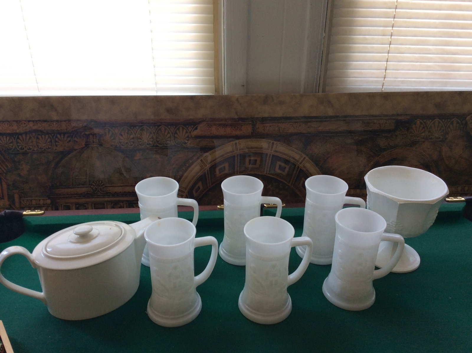 Lot of Milk Glass Cups and Wedgwood Tea Pot: Lot of Milk Glass Cups and Wedgwood Tea Pot
