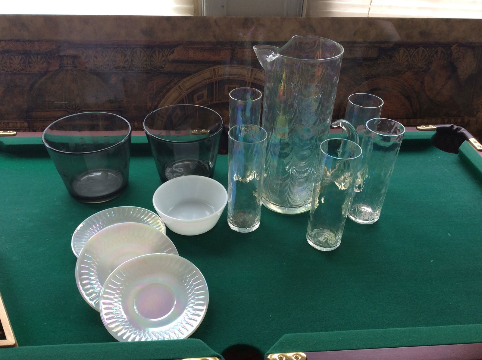 Vintage Iridescent Pitcher and Glass Set, Smoke Glass Bowls and More (1 of 1)