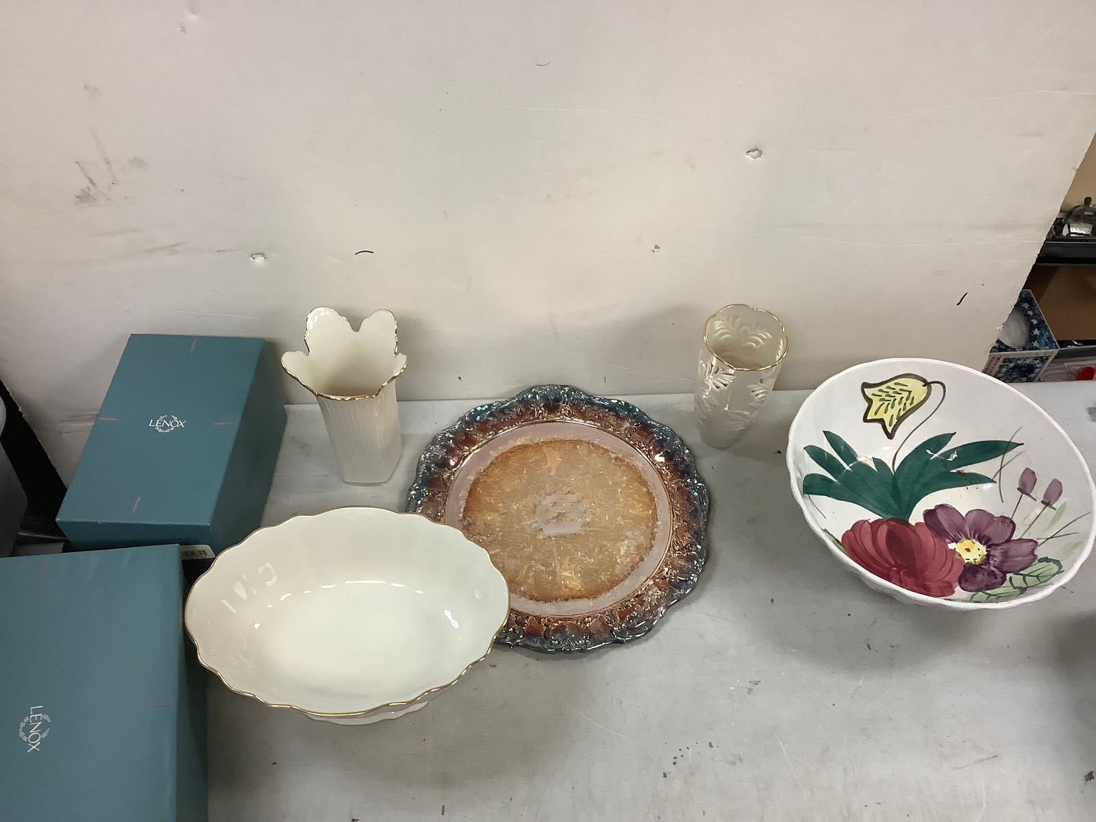 Lot of Lenox Vases & Bowl, Tauton Silverplated Tray and Handpainted Bowl (1 of 1)