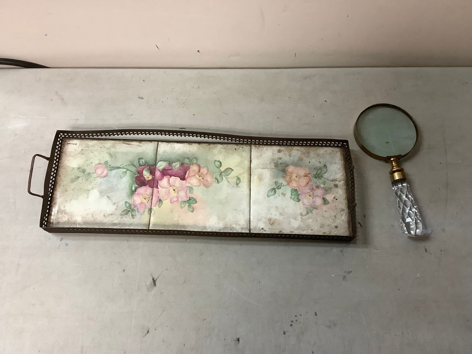 Vintage Tiled Tray 18x6 and Magnifying Glass with Glass Handle: Vintage Tiled Tray 18x6 and Magnifying Glass with Glass Handle