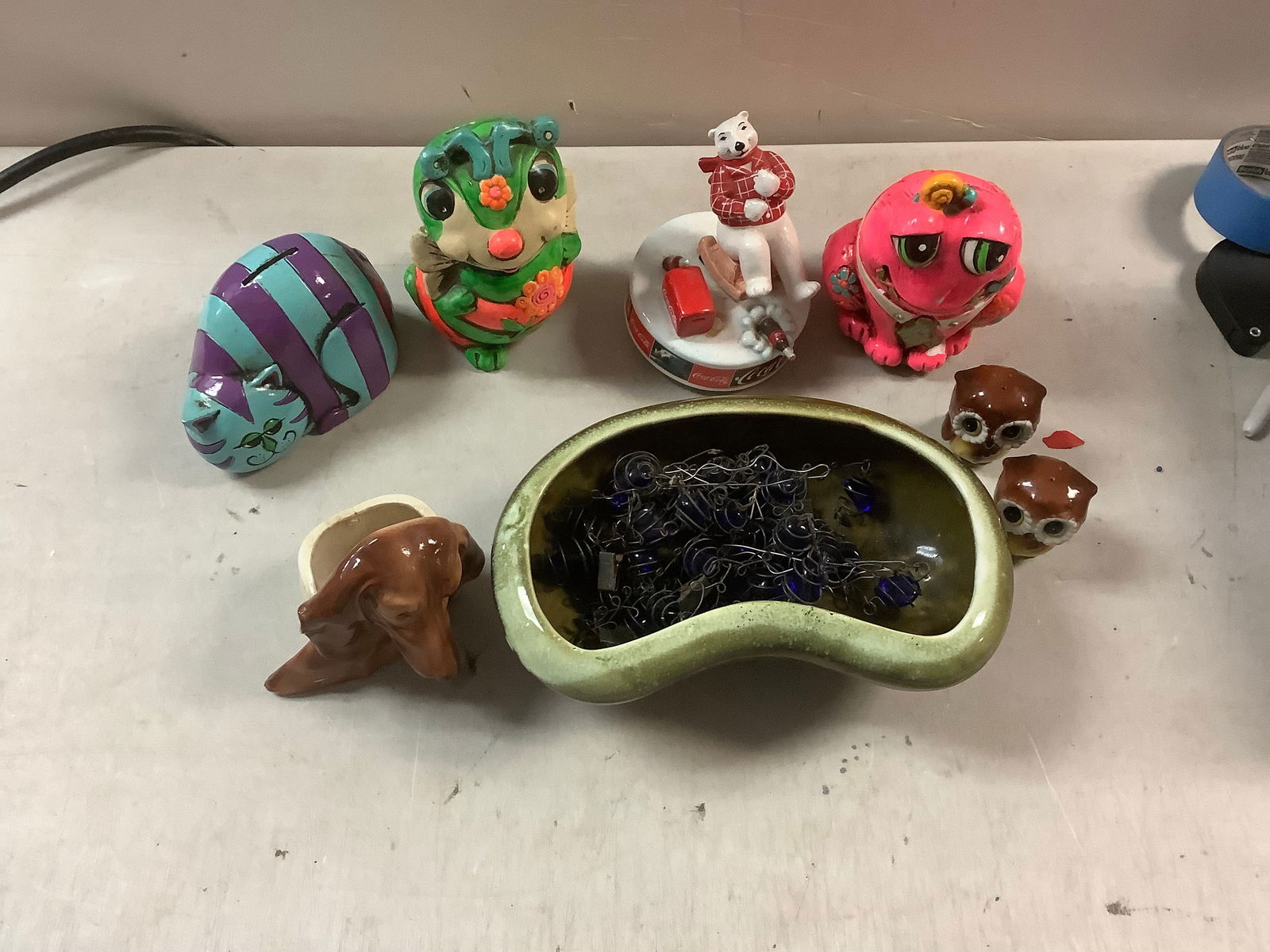 Coca-cola musicbox, 3 hand painted piggy banks, and salt and pepper shakers (1 of 1)