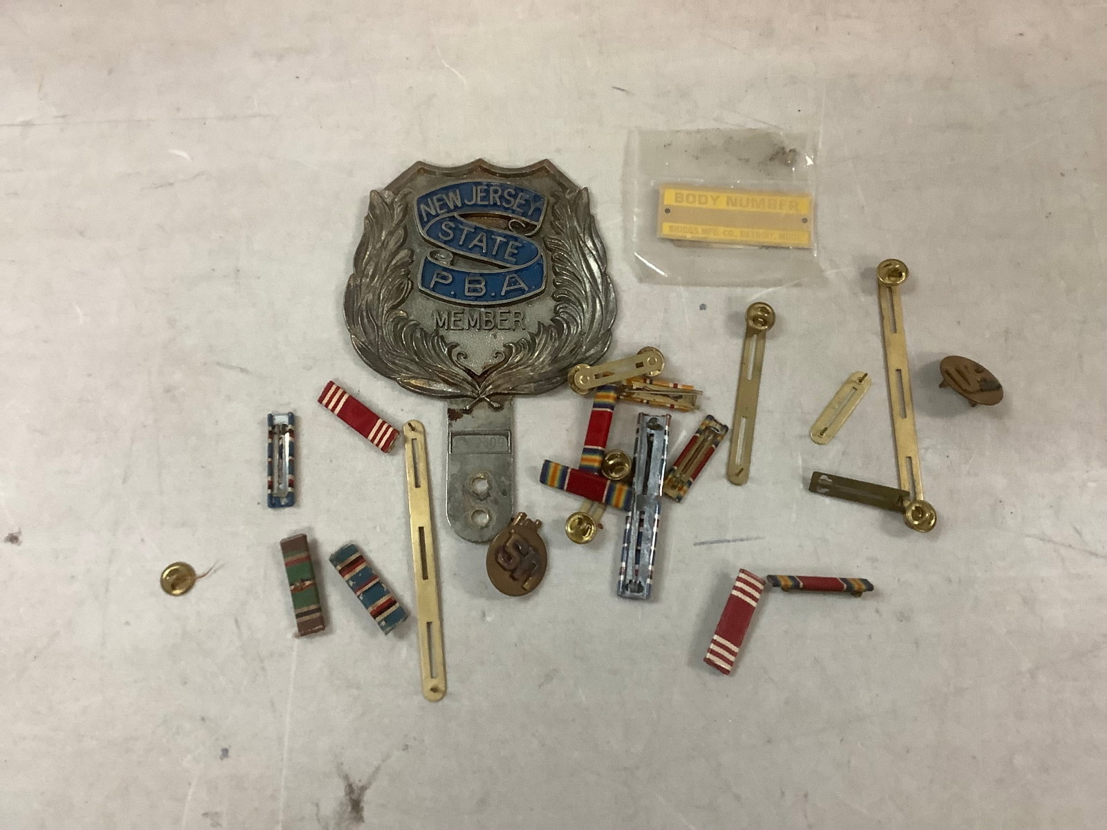 Lot of Vintage Military PBA License Plate Topper, Pins and More: Lot of Vintage Military PBA License Plate Topper, Pins and More