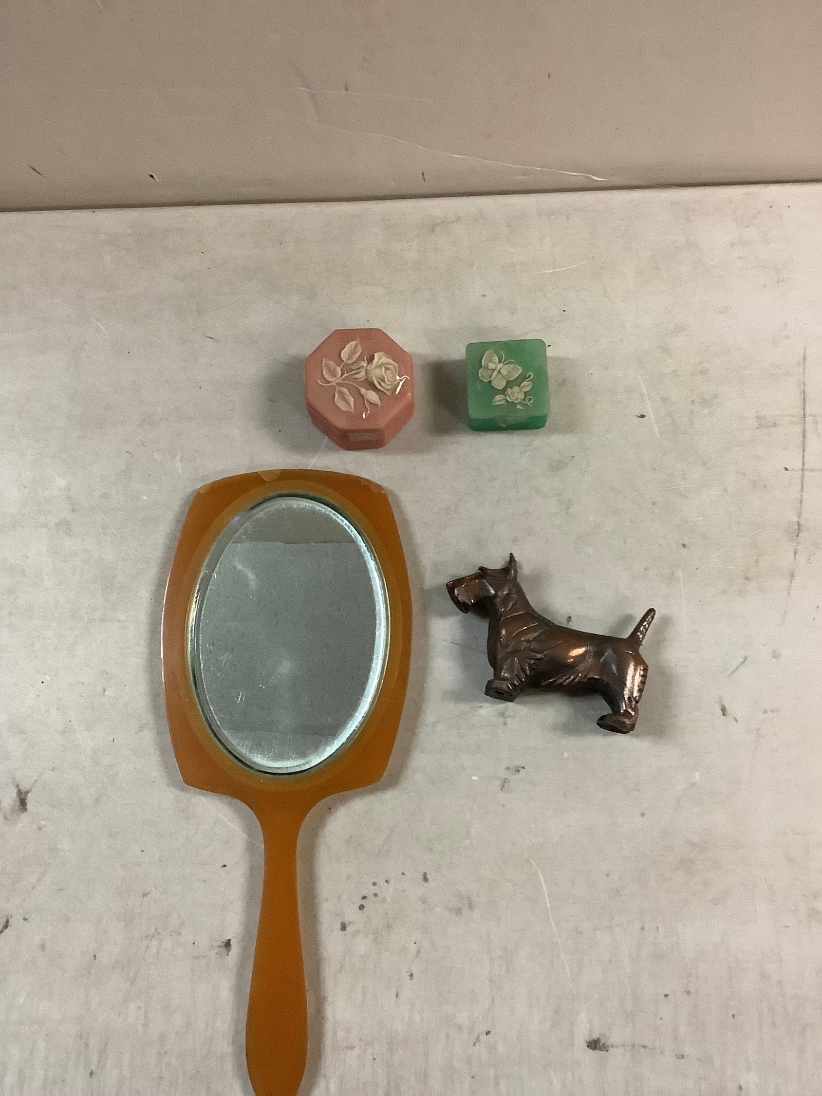 Jewerly boxes, makeup mirror and metal dog figurine (1 of 1)