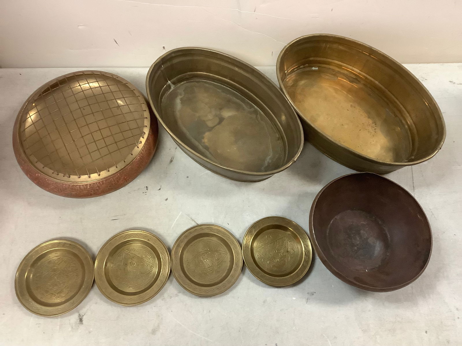Lot of brass coasters, tins, bowls, and more: Lot of brass coasters, tins, bowls, and more