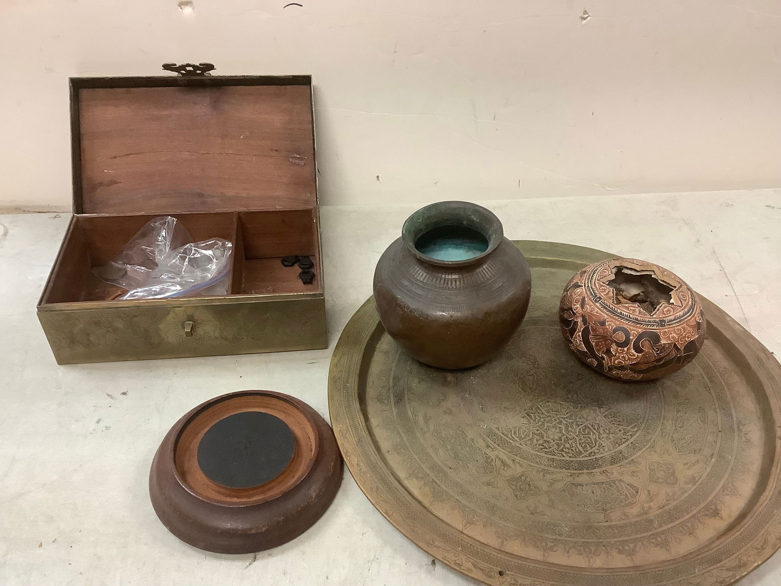 Lot of brass serving tray, vase, lockbox and more (1 of 1)