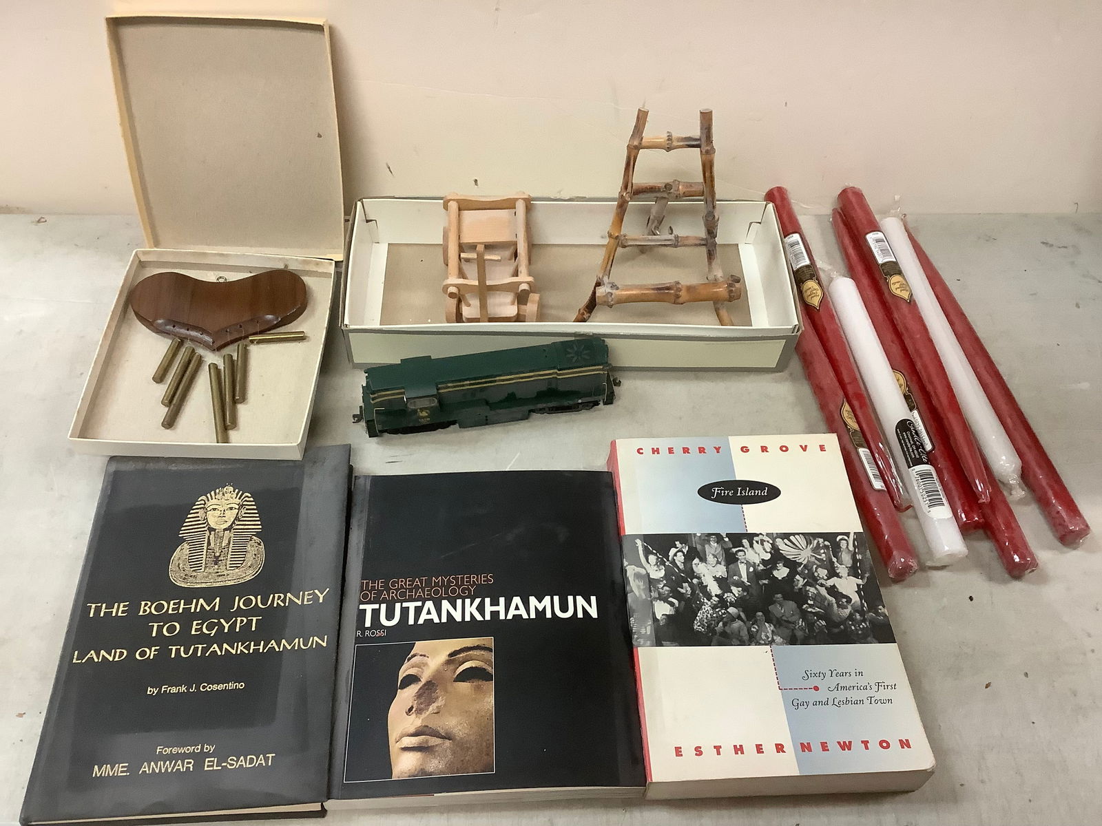 Lot of windchime, wooden wagon, easel, books, candles, and more (1 of 1)