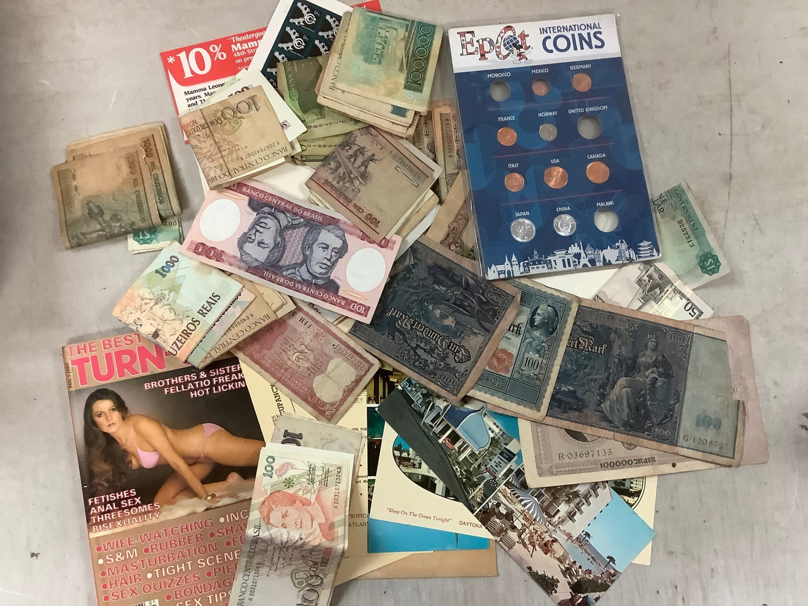 Lot of foreign money, book about felatio, and more: Lot of foreign money, book about felatio, and more