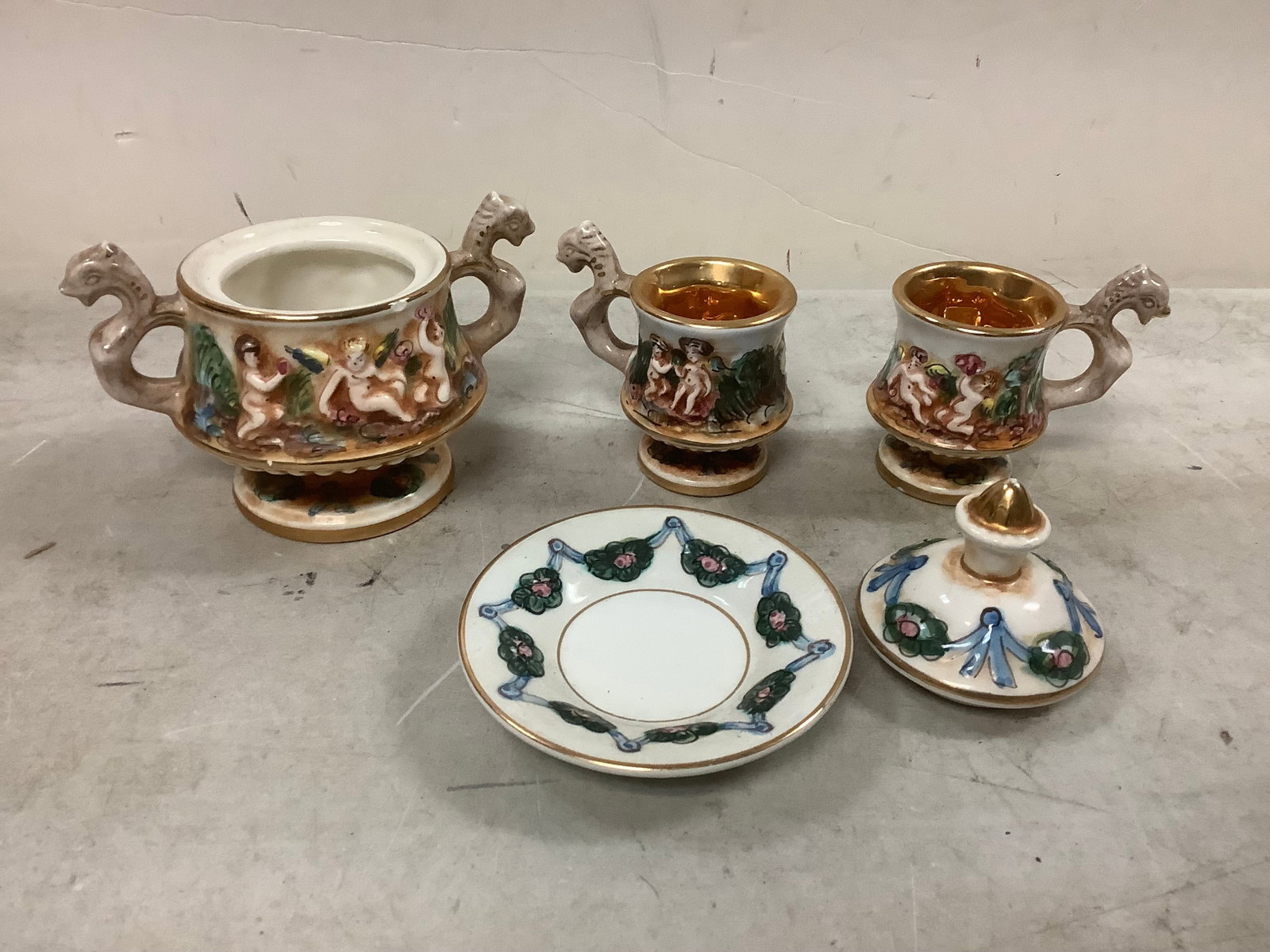Capodimonte Sugar bowl and small cups and plate: Capodimonte Sugar bowl and small cups and plate