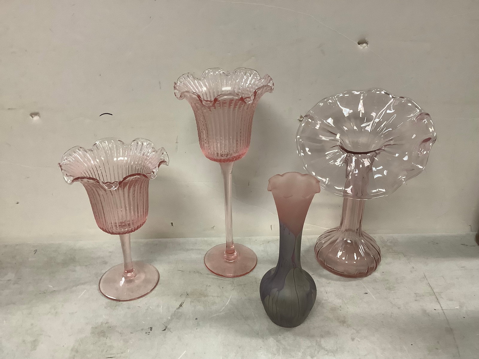 Pink Depression Glass tallest 11 in: Pink Depression Glass tallest 11 in