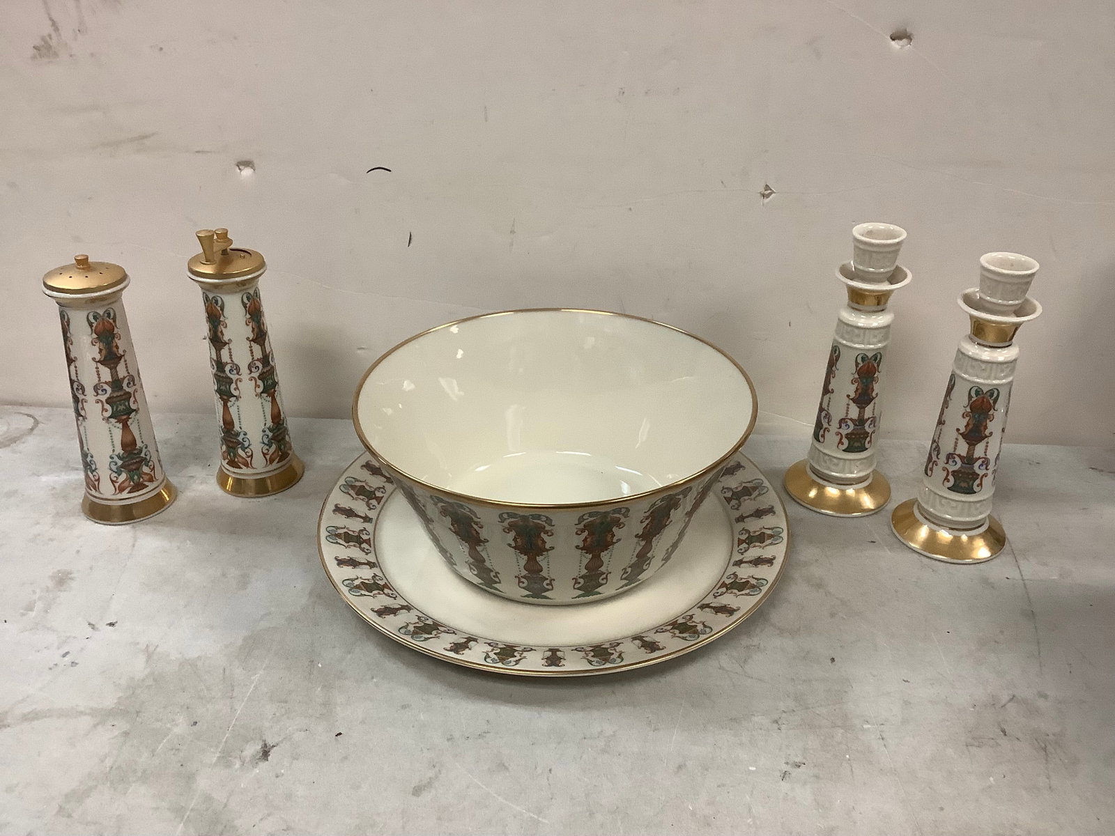 Lot of Lenox set, Salt and Pepper Shakers, Candle holder, Bowl and Plate tallest 8 in: Lot of Lenox set, Salt and Pepper Shakers, Candle holder, Bowl and Plate tallest 8 in