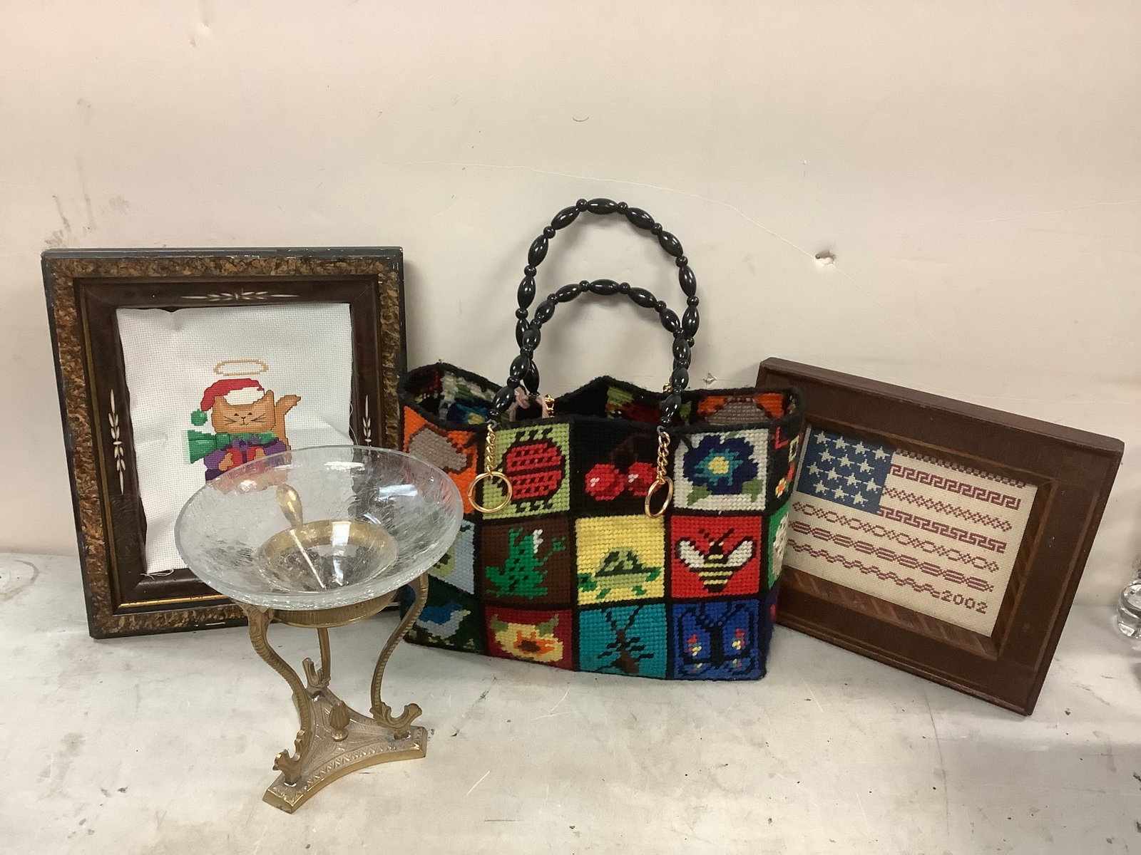 Lot of Stitched Framed Pictures, Candle Holder on stand and more: Lot of Stitched Framed Pictures, Candle Holder on stand and more