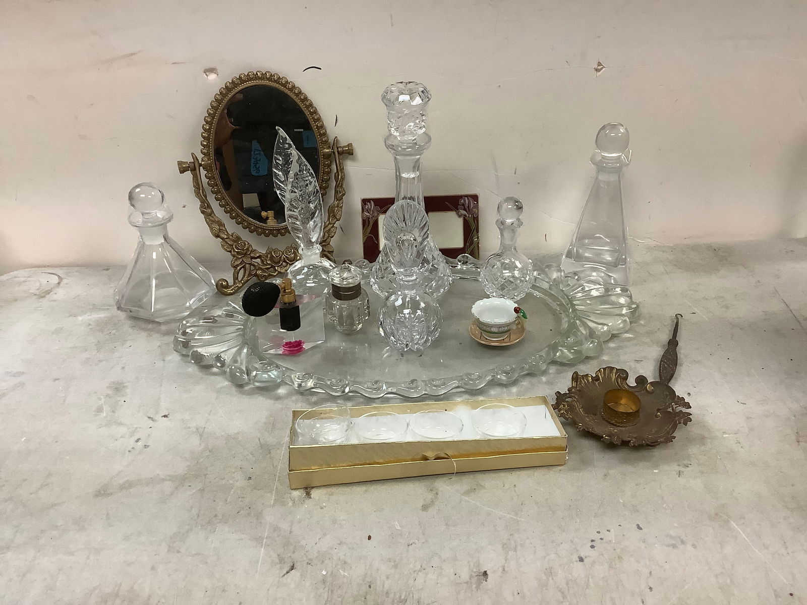 Glass bottles, dish, mirror and more, tallest 9 in (1 of 1)