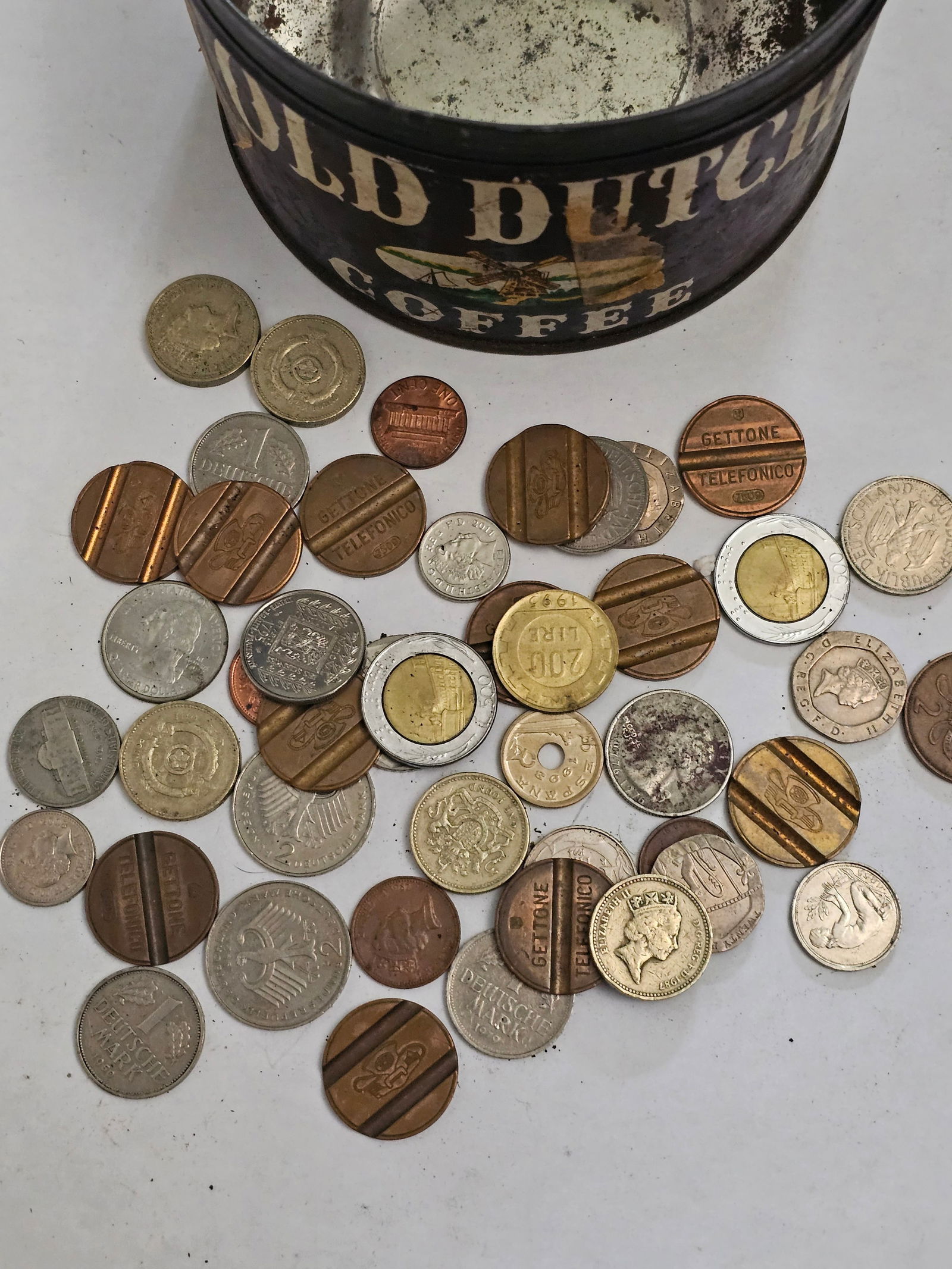 Antique Coffee Container and Vintage Coins and Tokens (1 of 1)