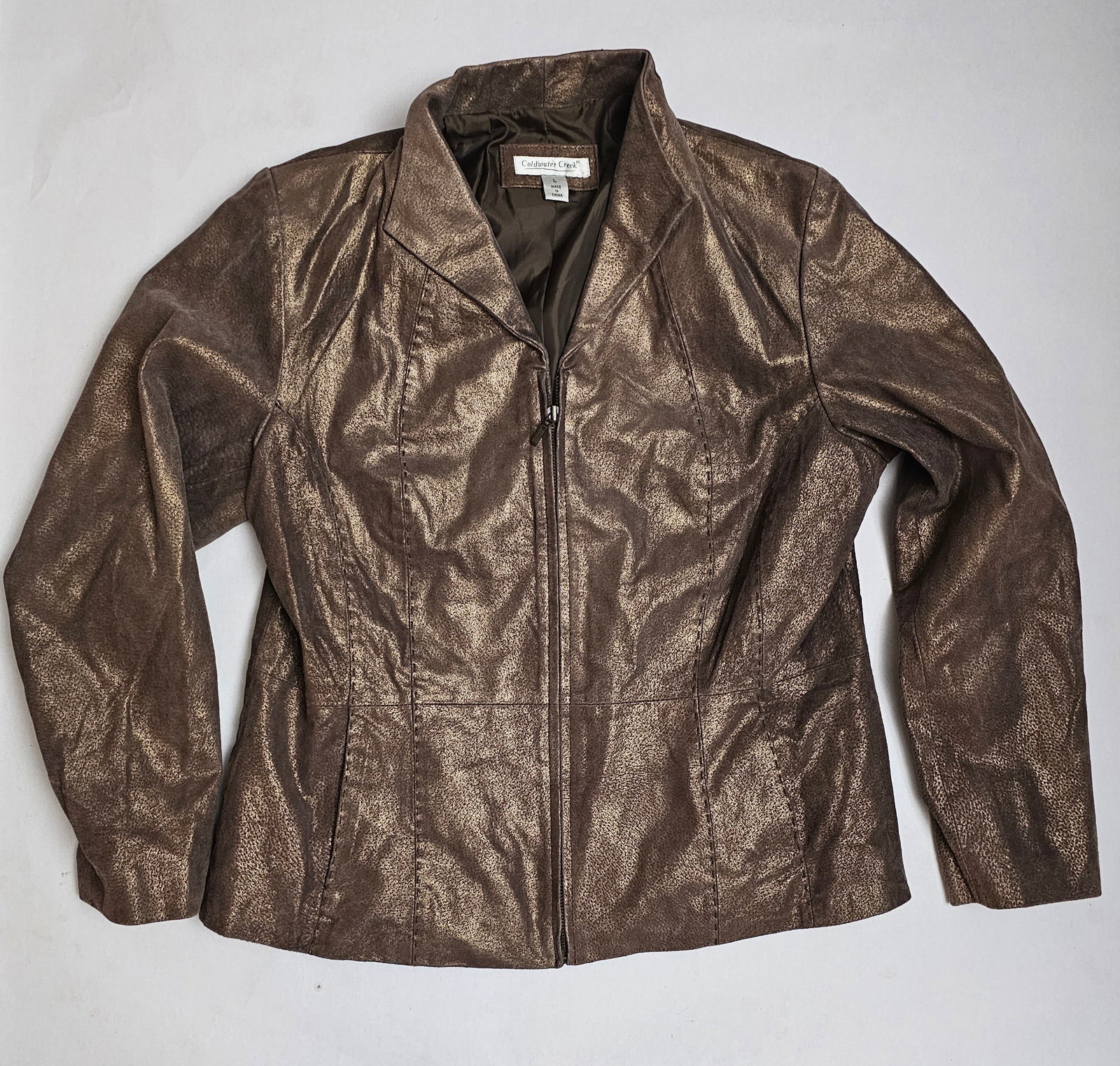 Women's Gold Tone Leather Coldwater Creek Jacket L: Women's Gold Tone Leather Coldwater Creek Jacket L