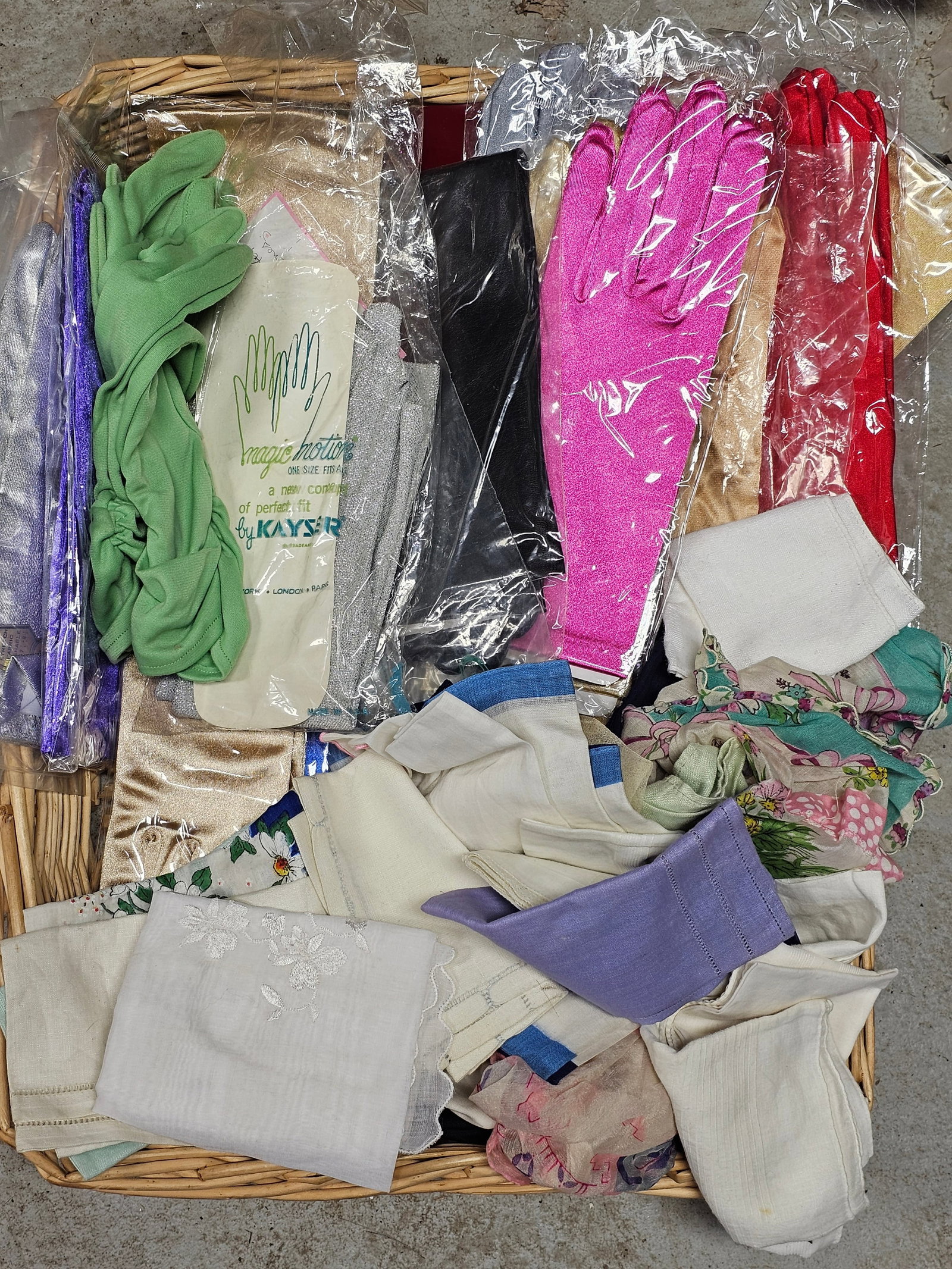 Basket of Vintage Hankerchiefs and Gloves: Basket of Vintage Hankerchiefs and Gloves