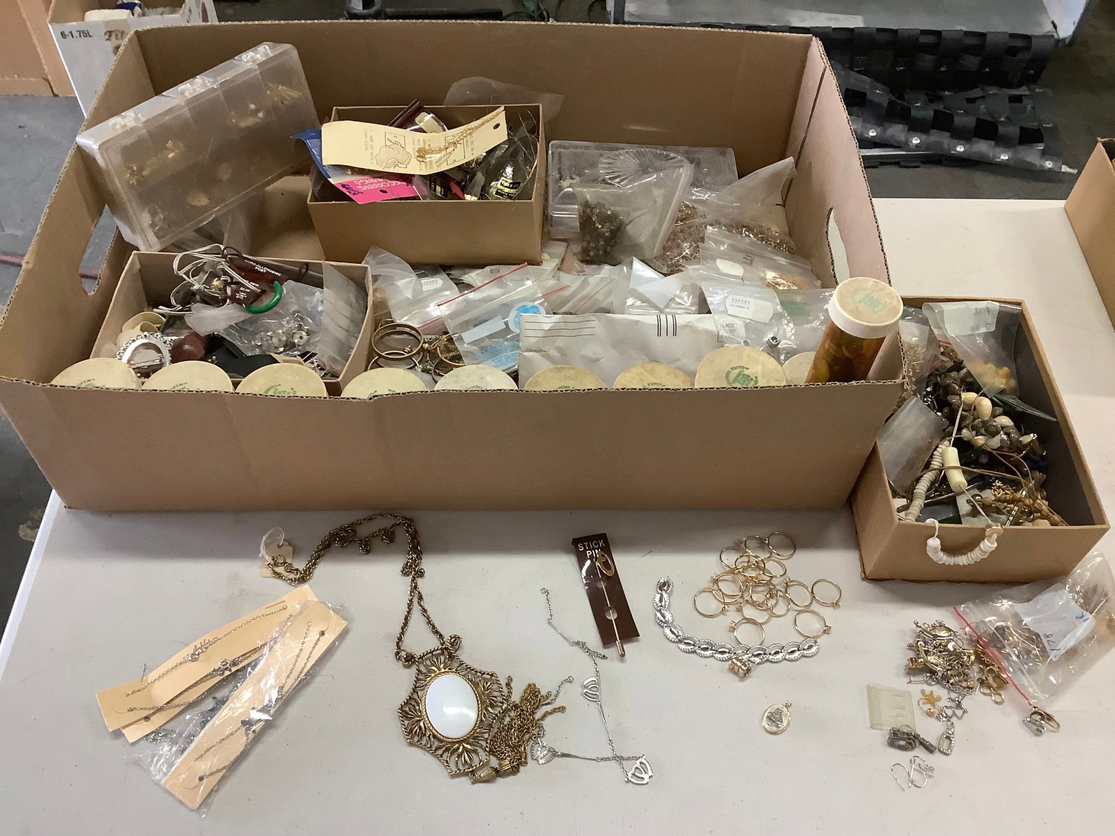 Large Assortment of Jewlery Making Parts, Coin Holders, Mother of Pearl, Crystals, Some Sterling,: Large Assortment of Jewlery Making Parts, Coin Holders, Mother of Pearl, Crystals, Some Sterling, Earring Backs, Rings and more