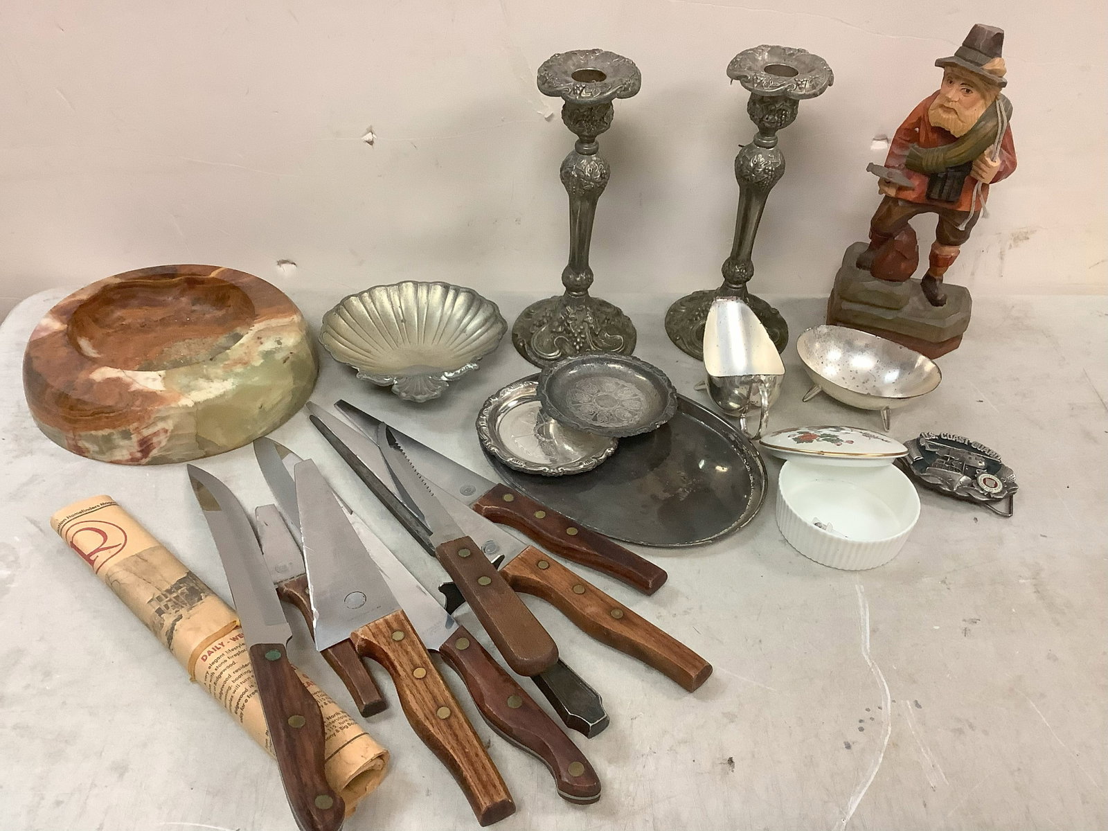 Lot of vintage knives, dishes, candle holders, and more: Lot of vintage knives, dishes, candle holders, and more