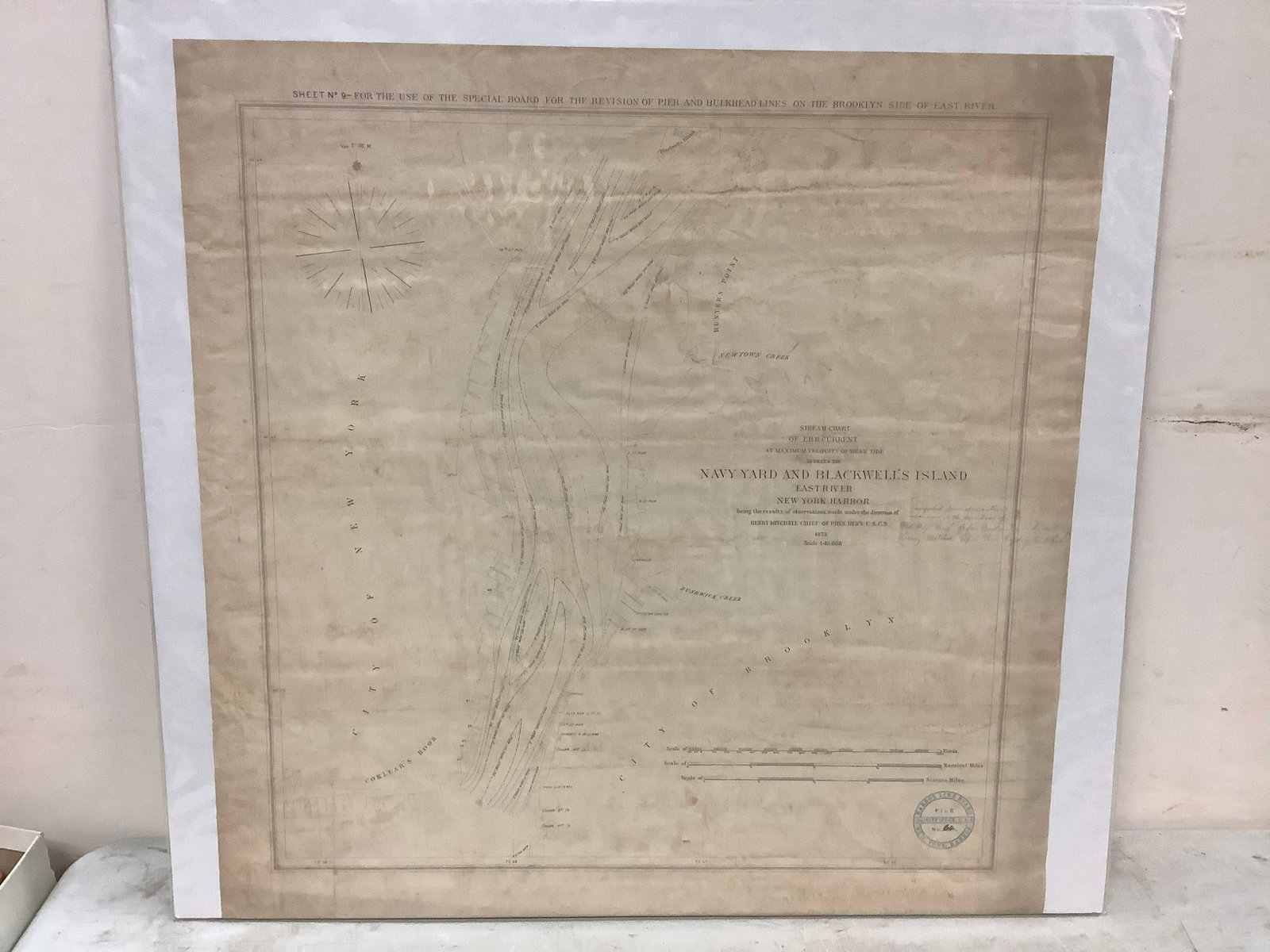 Sream Chart, Navy Yard and Blackwells Island East River, NY Harbor dated 1873 24.5x24: Sream Chart, Navy Yard and Blackwells Island East River, NY Harbor dated 1873 24.5x24