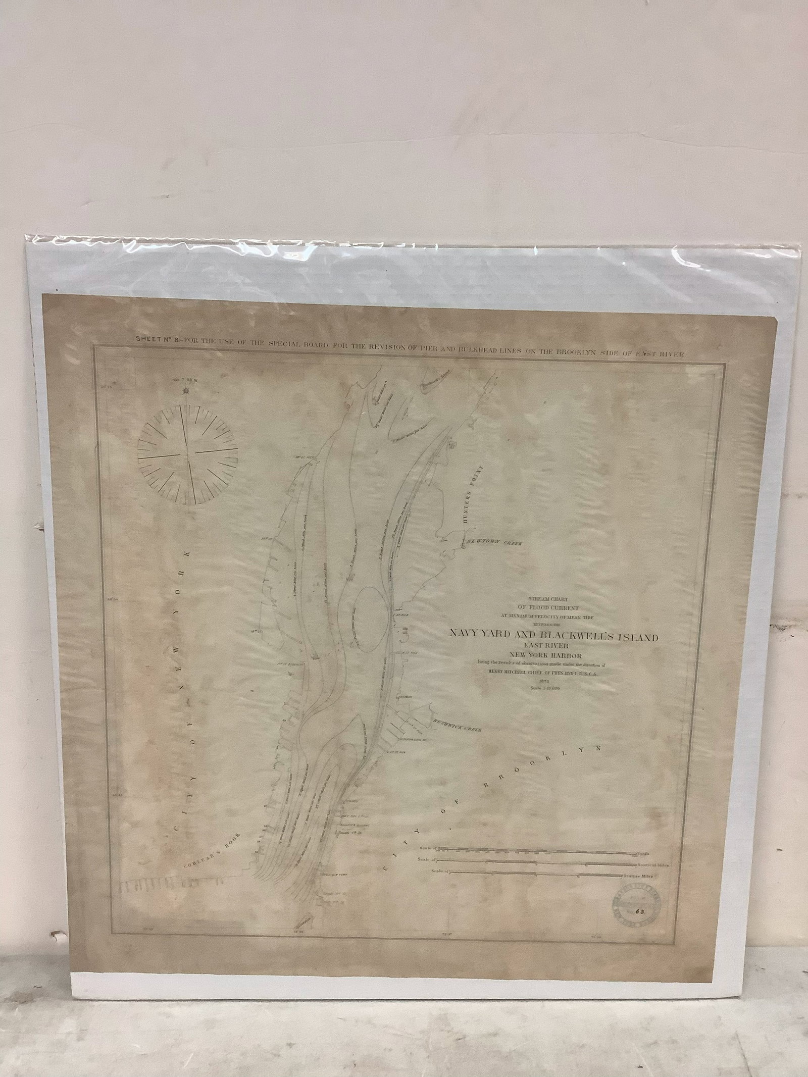 Early 1873 Stream Chart Showing Brooklyn Nay Yard and Blacwells Island East River, NY Harbor 25x24: Early 1873 Stream Chart Showing Brooklyn Nay Yard and Blacwells Island East River, NY Harbor 25x24