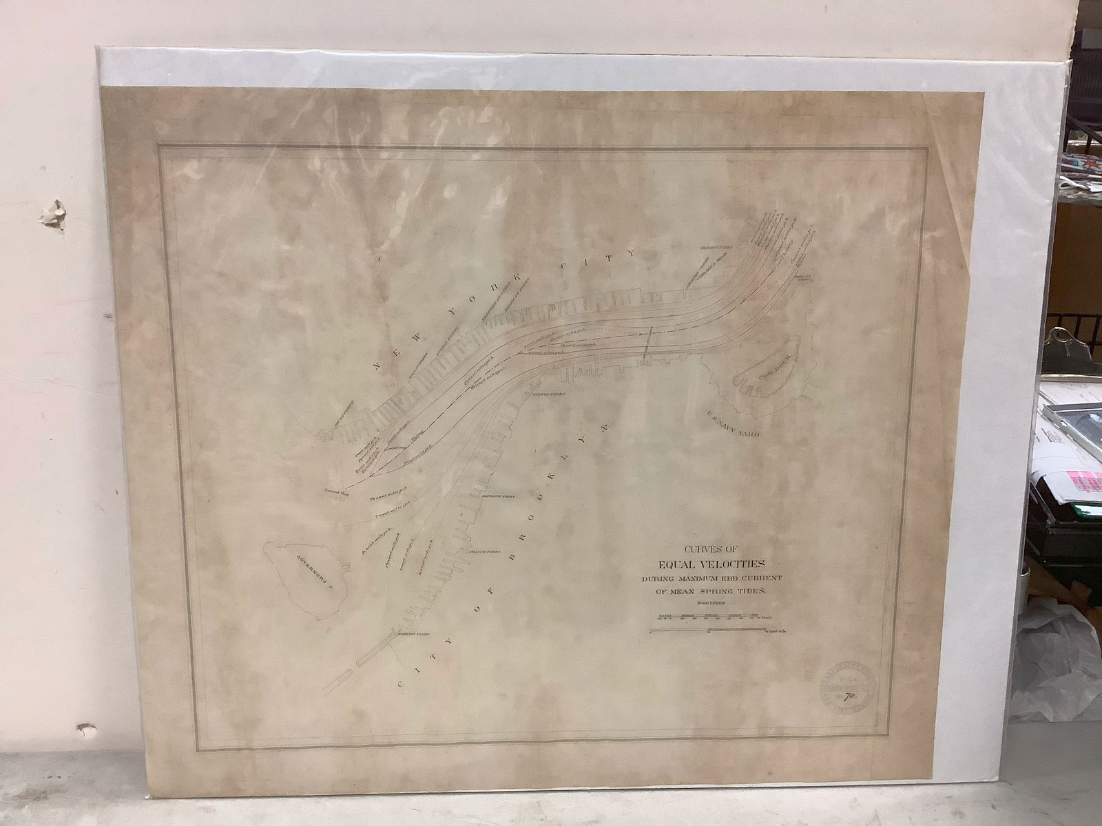1800s Nautical Chart Showing Curves of Equal Velocities during Maximum Ebb Current City of Brooklyn, (1 of 1)
