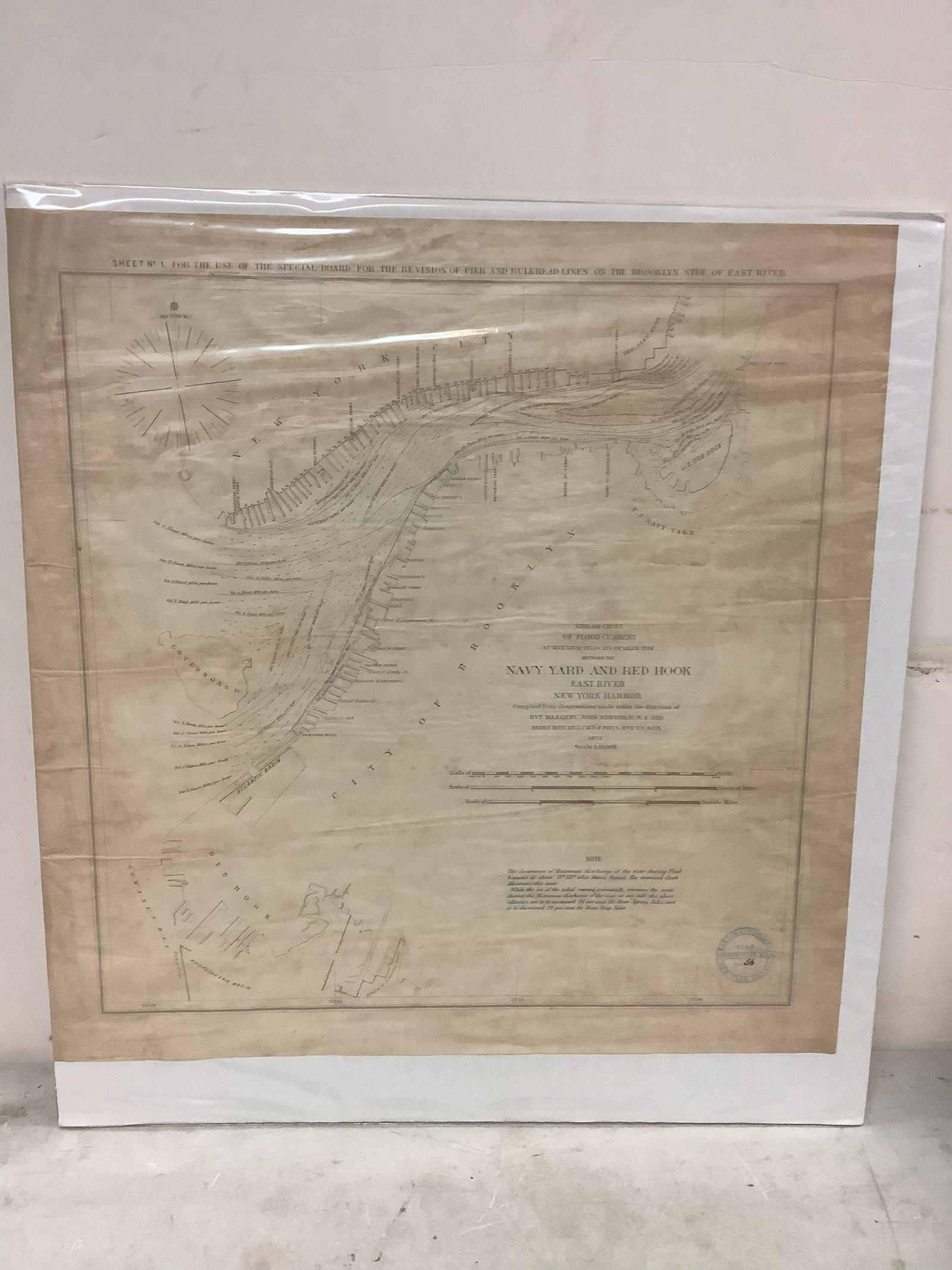 Stream Chart dated 1872 Showing Navy Yard and Red Hook Brooklyn, East River, NY Harbor 25x24.5 (1 of 1)