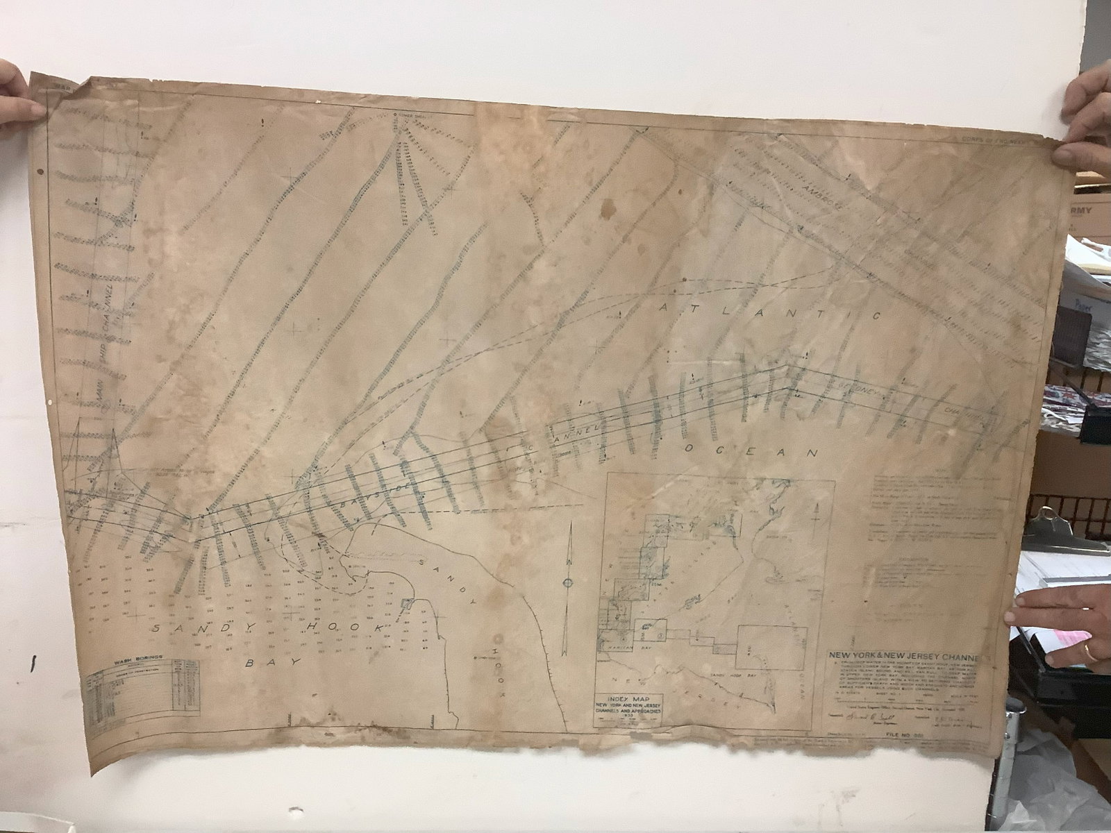 New York and New Jersey Channels dated November 1933 Showing Bayside Channel, Ambrose Channel, Sandy: New York and New Jersey Channels dated November 1933 Showing Bayside Channel, Ambrose Channel, Sandy Hook Bay, and Mainship Channel some damage to lower of chart 26.5x40