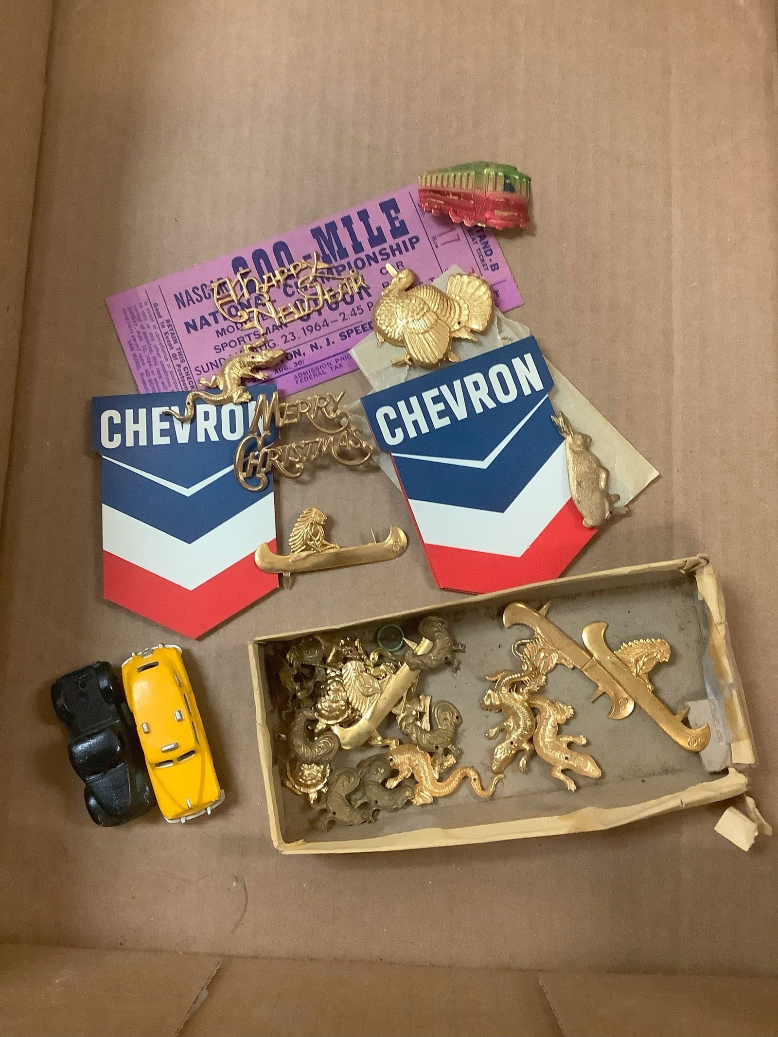Chevron Needle Cases, Mini Metal Toy Cars, Championship Ticket 1964 and Assorted Brass (1 of 1)