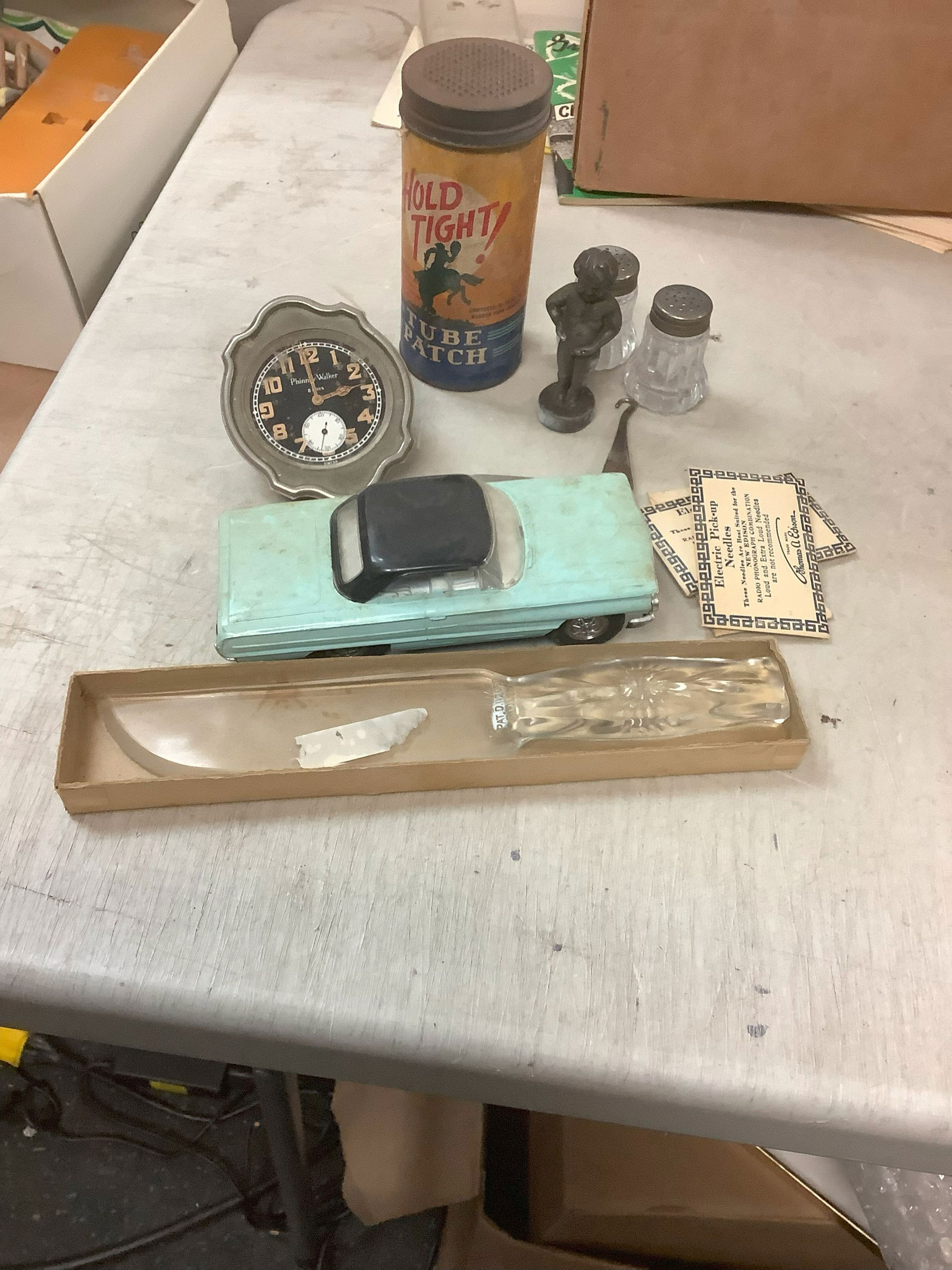 Glass Fruit Knife, Golden Rule Shoe Hook, Pheonix Walker Automotive Clock, Peeing Boy Figurine and (1 of 1)