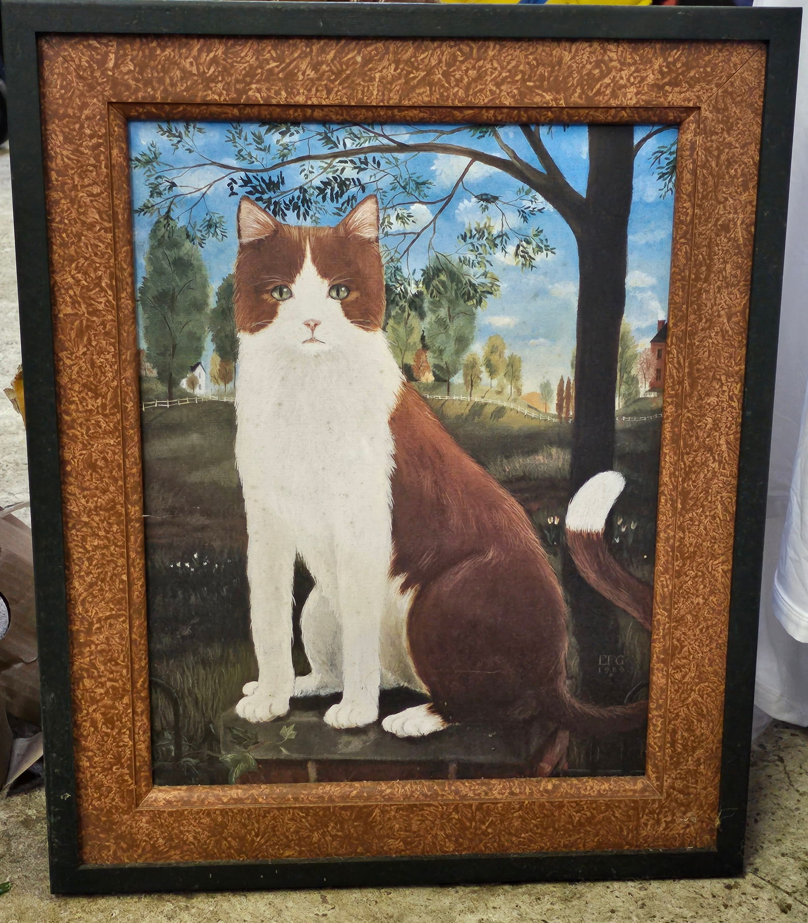 Vintage Framed Cat Art 23x19" Auction
