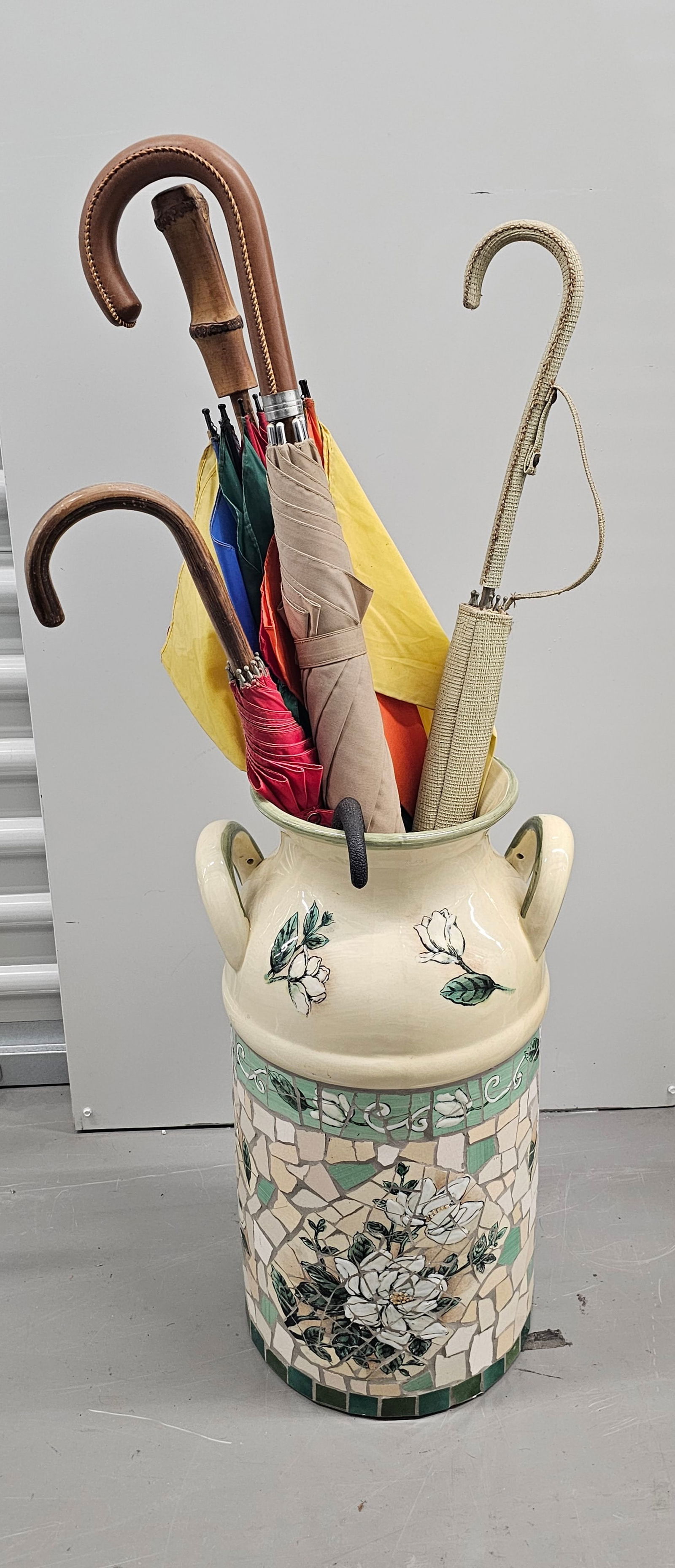 Vintage Mosaic Umbrella Holder and Umbrellas: Vintage Mosaic Umbrella Holder and Umbrellas