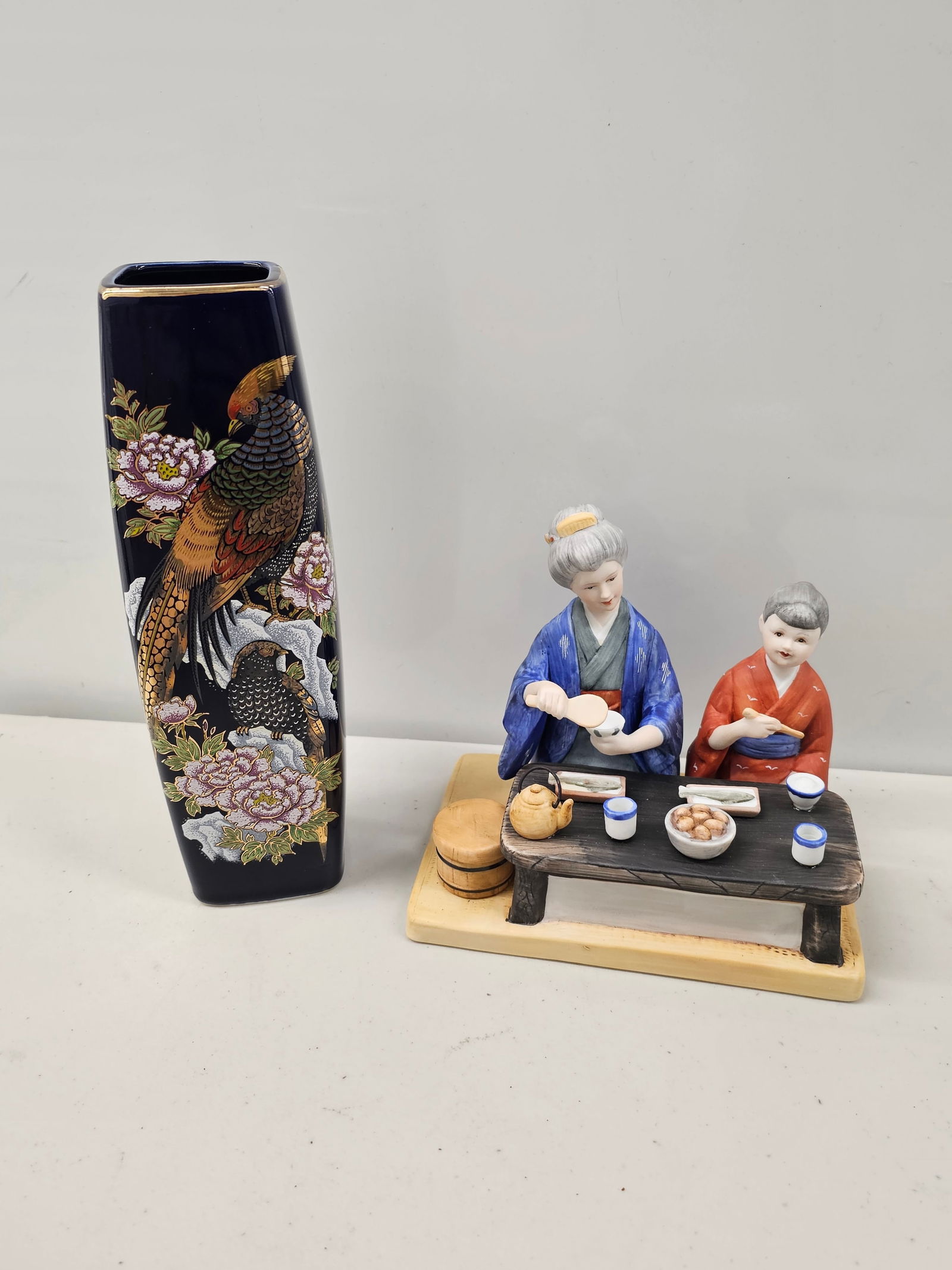 Asian Pheasant Vase 9.5" tall and Figurine (1 of 1)