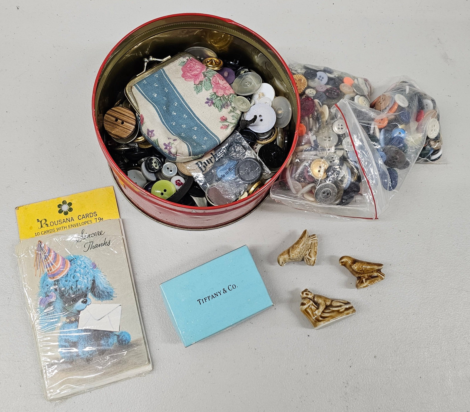 Vintage Buttons, Thank You Cards, Wade Figurines, Tiffany Box: Vintage Buttons, Thank You Cards, Wade Figurines, Tiffany Box
